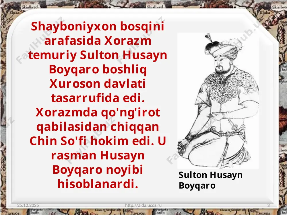 chadi. 25.06.2020 http://aida.ucoz.ru 15 faqatgina 1598-yili abdullaxonning vafotidan keyin buxoro xonligida boshlangan o'zaro toj-u taxt uchun kurashlar oqibatida hojimxon xiva xonligi taxtini qayta egallashga va o'z hokimiyatini mustahkamlab olishga erishadi. image2.jpeg image3.jpeg image4.png image5.jpg image6.jpeg image7.jpeg image8.jpeg image9.jpeg image10.jpeg image11.jpg image12.jpeg image13.jpeg image14.jpeg image15.jpg image16.jpeg image17.jpeg image1.jpeg