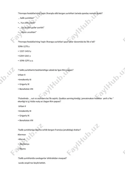salib yurishlari va tarixiy voqealar haqida test savollari — DOCX