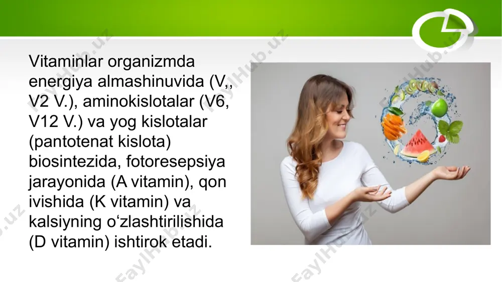 . baliqlar moyi kalsiferol manbai hisoblanadi.bundan tashqari, sut, tvorog, sariyogʻ, jigar va tuxum sarigʻida koʻp boʻladi. tishlarni ham asraydi. r etinol (a vitamin) tabiatda keng tarqalgan. oʻsimlik toʻqimalarida a provitamin (organizmda retinolga aylanadigan karotinoid pigmentlar) holida uchraydi. koʻrish pigmentlari hosil boʻlishida qatnashib, organizmning normal oʻsishini, koʻzning turli darajadagi yorugʻlikka moslashishini taʼminlaydi.a provitamin (karotin) oʻsimliklarda, ayniqsa ularning yashil barglarida, a vitamin hayvon va baliq jigarida, baliq moyida koʻp. askorbin kislota ( c vitamin) — moddalar almashinuvida, biriktiruvchi toʻqimalarning oʻzlashtirilishida, bu toʻqimalarning normal holatda tutib turilishi va tiklanishida muhim ahamiyatga ega. s vitamin sabzavot va mevalarda boʻladi. askorbin kislota turli polivitamin preparatlari tarkibiga kiradi. o rganizmda biror vitamin yetishmasa yoki butunlay boʻlmasa, moddalar almashinuvi buziladi. oziq-ovqatda v itamin yetishmaganda kishining mehnat qobiliyati pasayadi, organizmning kasalliklarga hamda tashqi muhitning noqulay taʼsiriga chadami kamayadi. vitamin yetishmovchiligiga ovqat tarkibida v. kam boʻlishigina emas, balki ularning ichakda soʻrilishi, toʻqimalarga yetkazib berilishi va biologik faol shaklga aylanishi …
