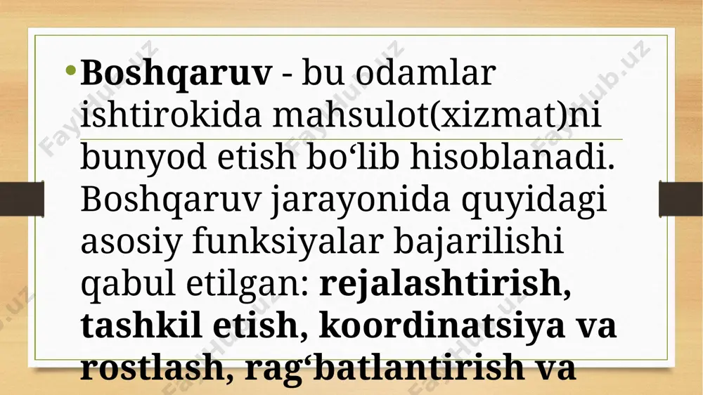 har bir davrga mos qilib, rejalashtiriladi. boshqaruv usullari - bu boshqaruv subyektining boshqaruv obyektiga maqsadli yo‘naltirilgan ta’sir o‘tkazishning usullari, ya’ni boshqaruvchining u boshqarayotgan ishlab chiqarish kollektiviga qo‘yilgan maqsadlarga erishish jarayonida uning faoliyati koordinatsiyasini ta’minlashdir. boshqaruv usullari vositasida iqtisodiy jarayonlarga va ishlab chiqarish qatnashchilariga moddiy, moliyaviy, energiya, mehnat resurslarini imkoni boricha kam sarf qilib yuqori natijalarga erishish maqsadida ta’sir etiladi. usul - bu tadqiqot qilish yoki ta’sir ko'rsatish yo’lidir. tadqiqot qilish nuqtai nazaridan uslub deganda boshqaruv obyektini o‘rganish jarayonida qo‘llaniladigan usullar, ya’ni: ommaviy tadbirlarni boshqarishga sistema (tizim)li yondoshuv. ommaviy tadbirlarni boshqarishga kompleks yondoshuv. ommaviy tadbirlarni boshqarishga tarkibiy yondoshuv. ommaviy tadbirlarni boshqarishga integratsion yondoshuv. ommaviy tadbirlarni boshqarishda modellashtirish. ommaviy tadbirlarni boshqarishga iqtisodiy-matematik usullar orqali yondoshuv. ommaviy tadbirlarni boshqarishda kuzatishni tashkil etish. ommaviy tadbirlarni boshqarishda eksperimentlardan foydalanish. ommaviy tadbirlarni boshqarish maktablarini harakatini boshqarish tizimida idoraviy-tashkiliy, iqtisodiy, huquqiy, xo’jalik shuningdek, g’oyaviy va axloqiy ta’sir etuvchi usullar qo’llaniladi. ular ham o’z navbatida bir necha turga …