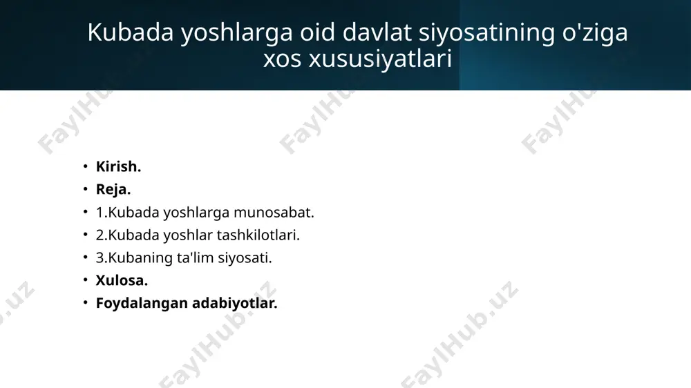 a’lim olish imkoniyatiga ega. sog'liqni saqlash: kubadagi yoshlar bepul tibbiy xizmatdan foydalanishlari mumkin. kasalliklarning oldini olish va davolash dasturlari davlat tomonidan faol qo‘llab-quvvatlanmoqda. madaniyat va sport: davlat yoshlarning madaniy va sport tadbirlarida ishtirokini faol qo‘llab-quvvatlamoqda. bu ijodiy va sport ko'nikmalarini rivojlantirishga qaratilgan turli dastur va loyihalarni moliyalashtirishni o'z ichiga oladi. bandlik: kuba o'z yoshlarini ish bilan ta'minlashga intiladi. davlat dasturlari ish o‘rinlari yaratish va yosh tadbirkorlarni qo‘llab-quvvatlashga qaratilgan. siyosiy faollik: yoshlar mamlakat siyosiy hayotida faol ishtirok etmoqda. yoshlar tashkiloti va harakatlari davlat siyosatini shakllantirish va qarorlar qabul qilishda muhim o‘rin tutadi. 2.kubada yoshlar tashkilotlari. kubada yoshlar hayoti va ularning ijtimoiy faoliyatga jalb etilishida muhim rol o‘ynaydigan bir nechta asosiy yoshlar tashkilotlari mavjud: kuba kommunistik yoshlar ittifoqi (unión de jóvenes comunistas, ujc): bu kuba kommunistik partiyasi bilan bog'langan kubadagi asosiy yoshlar tashkiloti. ujc yoshlarni siyosiy tarbiyalash, yetakchilik qobiliyati va fuqarolik mas’uliyatini rivojlantirishga qaratilgan turli tadbirlar va dasturlarni tashkil etish bilan shug‘ullanadi. …