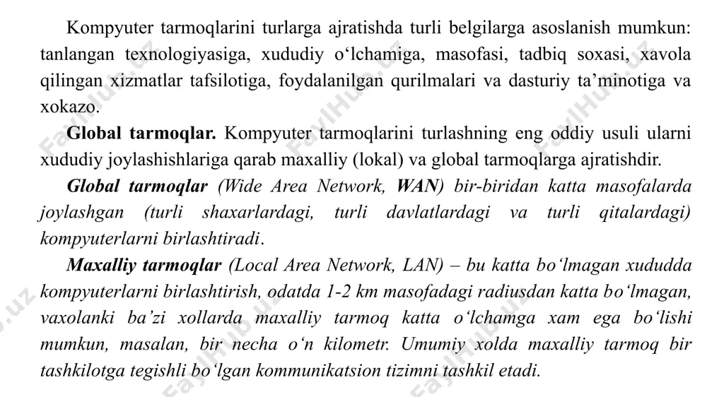 riktirilgan: protokol odatda turli tugunlarni bir bosqich modullarining muloqat qoidalarini aniqlab beradi, interfeys esa bitta tugundagi qо‘shni bosqich modullarini muloqot qoidasidir. protokolni va shuningdek bosqichlararo interfeyslarni quvvatlovchi modullarni protokolning ma’nosi deb ataydilar yoki qisqa bо‘lishi uchun protokollar deb ataladi. tarmoqdagi tugunlar muloqatini tashkillashtirish uchun yetarli bо‘lgan protokollarning kо‘p bosqichli tо‘plamini kommunikatsion protokollar steki deb nomlanadi. standart protokol steklari. standartlashtirishning foydasi haqidagi universal tezis barcha soxalarga ta’aluqli, kompyuter tarmoqlarida aloxida muhim axamiyatga egadir. tarmoq aslida bu turli qurilmalarning ulanishi bо‘lib, demak bu yerda moslik muammosi eng muxum muammolardan biridir. qurilma va protokollar uchun umumiy qabul qilingan standartlar bо‘yicha barcha ishlab chiqaruvchilarning kelishuvisiz tarmoq “qurilish” ishida xech qanday rivojlanish bо‘lishi mumkun emas edi. xisoblash tarmoqlari soxasida standartlashtirishning muxum yо‘nalishi kommunikatsion protokollarni standartlashtirish bо‘ladi. eng taniqli standart protokollar steki quyidagilar: osi, tcp/ip, ipx/spx, netbios/smb, decnet, sna (xozirda amaliyotda ularning xammasi qо‘llanilmaydi). osi modeli. 70-yillar oxirida dunyoda kommunikatsion stek protokollarining turli-tumani mavjut edi, ular …