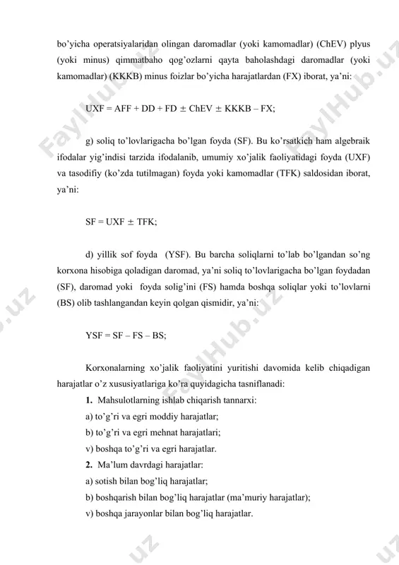 idan beriladigan ayrim skidkalar) va boshqa to’lov hamda ajratmalarni olib tashlagandan keyin qolgan qismi sifatida hisoblanadi. korxonalarning eksport faoliyati bilan bog’liq operatsiyalardan tushgan foyda va daromadlarni hisoblash, mahsulotlar (ishlar, xizmatlar)ni sotishdan tushgan tushumlar xajmini aniqlash kabi belgilangan tartibda amalga oshiriladi. asosiy faoliyat sohalaridagi boshqa daromadlar (operatsion daromadlar) hisobot bo’limining «boshqa daromadlar va tushumlar» moddasida ko’rsatiladi. ushbu daromadlarga: · xo’jalik shartnomalari shartlarini buzganlik uchun turli xildagi sanktsiyalar, jarimalar, penyalar, shuningdek keltirilgan zarar va kamomadlarni qoplash; · hisobot yilida, o’tgan yildagi daromadlar va foydalarni hisoblash natijasida topilgan summa; · mahsulotlar (ishlar, xizmatlar)ni sotish yoki ishlab chiqarish jarayonlari bilan bog’liq bo’lmagan boshqa daromadlar, ya’ni renta daromadlari, xizmat ko’rsatish tarmoqlaridan tushgan daromadlar, korxona tizimidagi oshxonalar va kafelar hisobidan kelib tushadigan tushumlar; · asosiy fondlar va korxonaning boshqa mol-mulklarining faoliyatidan kelib tushadigan moliyaviy daromadlar kiradi. moliyaviy faoliyat sohalaridagi daromadlar quyidagilarni o’z ichiga oladi: · royalti (litsenziya bitimida ko’rsatilgan narsadan foydalanish huquqi uchun sotuvchiga vaqt-vaqti bilan …