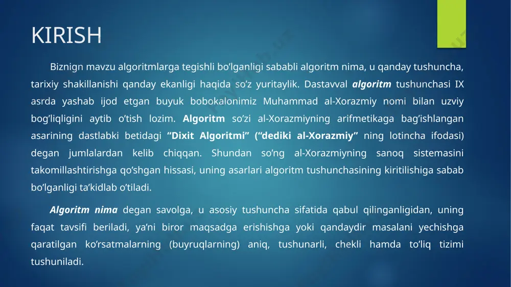 o'zgartirdi. biz ma'lumotlar ko'p bo'lgan kun va asrda yashayapmiz. har kuni biz juda katta hajmdagi ma'lumotlar bilan shug'ullanamiz, ular murakkab hisoblashlarni talab qiladi va shu bilan birga tez vaqt ichida. ba'zan biz bir vaqtning o'zida sodir bo'ladigan o'xshash yoki o'zaro bog'liq voqealardan ma'lumotlarni olishimiz kerak. bu erda biz bir vaqtning o'zida ishlashni talab qilamiz, bu murakkab vazifani bo'linishi va uni tez vaqt ichida ishlab chiqarish uchun ma’lumotlar bir nechta tizimlarda qayta ishlanishi mumkin. vazifa murakkab ma'lumotlarning katta qismini qayta ishlashni o'z ichiga olgan holda, bir vaqtning o'zida ishlov berish juda muhimdir. masalan, yirik ma'lumotlar bazalariga kirish, samolyot sinovlari, astronomik hisoblar, atom va yadro fizikasi, biotibbiyot tahlili, iqtisodiy rejalashtirish, tasvirni qayta ishlash, robototexnika, ob-havo prognozi, veb-ga asoslangan xizmatlar va boshqalar. parallel birlashtirish saralash(merge sort) birlashtirish saralash avval saralanmagan massivni mumkin boʻlgan eng kichik kichik bo’laklarga ajratadi, uni qoʻshni massiv bilan solishtiradi va tartiblangan holatda birlashtiradi. “bo’lib tashla va hukmronlik qil” algoritmiga …