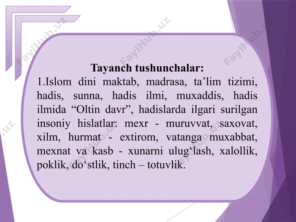hqalar. asarlari “sunan”, “kitob al-ilal” (nuqsonlar kitobi) “kitob at- tarix” (tarix kitobi) “kitob ash-shaomil an-nabaviyya”, (payg‘ambarning axloq odobiga oid kitoblari) “kitob az-zuxd” (zohidlar haqidagi kitob). xayrihoxlik, xayrli ishlarni qilish; sadaqa, rahm-shavqatli bо‘lish; oilaviy munosabatlar, jamiyatga foyda keltirish kabi g‘oyalar ulug‘lanadi. tasavvuf ta’limotida komil inson g‘oyalarining ulug‘lanishi tasavvuf ta’limotining maqsadi - inson qalbi va ruhiyatini, ahloqini poklash, halol yashash, zohiran va botinan pok bо‘lish, qalban pok, ruhan alloh vasliga yetishga, ezgulikka yetaklaydi. yo’nalishlari: ilm - shariat yо‘l - tariqat tajriba - ma’rifat haqiqat - komil inson tasavvuf ta’limotida tarbiya turlari aqliy tarbiya mehnat tarbiyasi ruh tarbiyasi, sir tarbiyasi nafs tarbiyasi abdulholiq g‘ijduvoniy, ahmad yassaviy, najmiddin, kubro yaxyo suxravardiy, bahouddin naqshband, shayx xovand tohur, xо‘ja ahror valiy. tasavvuf ta’limoti allomalari naqshbandiya ta’limotining “diling allohda, qо‘ling mehnatda bо‘lsin shiori”da pedagogik qarashlar - halol mehnat bilan jamiyatda fidokor inson bо‘lish - inson ilm-ma’rifat va kasb hunar orqali ma’naviy kamolotga erishishga chorlaydi. - mehnatsevarlikni ulug‘lash. …
