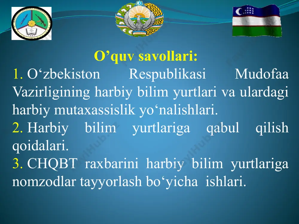 igi (tarmoq va axborot tizimlarining havfsizligi) o‘zbekiston respublikasi qurolli kuchlari harbiy tibbiyot akademiyasi bakalavriat ta’lim yo‘nalishlari harbiy tibbiyot ishi. davolash ishi. harbiy vrach harbiy tibbiyot ishi. tibbiy profilaktika ishi. gigiena-epidemiologiya harbiy vrachi o‘zbekiston respublikasi oliy harbiy ta’lim muassasalariga tanlash tartibi va qabul qilish qoidalari to‘g‘risida nizom i. umumiy qoidalar 1. ushbu nizom o‘zbekiston respublikasining «ta’lim to‘g‘risida» va «umumiy harbiy majburiyat va harbiy xizmat to‘g‘risida»gi qonunlariga muvofiq o‘zbekiston respublikasi fuqarolarini ushbu nizomga 1-ilovaga muvofiq ro‘yxat bo‘yicha oliy harbiy ta’lim muassasalariga tanlashni tashkil etish tartibini va qabul qilish qoidalarini belgilaydi. o‘zbekiston respublikasi jamoat xavfsizligi universitetiga nomzodlarni tanlash va qabul qilish tartibi alohida nizom bilan belgilanadi. 2. oliy harbiy ta’lim muassasalariga qabul qilish o‘zbekiston respublikasi prezidenti tomonidan tasdiqlanadigan butlash rejasiga muvofiq amalga oshiriladi. huquqbuzarliklar profilaktikasi va jinoyatchilikka qarshi kurashga munosib hissa qo‘shgan, xizmat yoki ilmiy faoliyatida yuqori natijalarga erishgan ichki ishlar organlarining amaldagi xodimlari farzandlariga mudofaa vazirligi va milliy gvardiya oliy ta’lim muassasalariga …