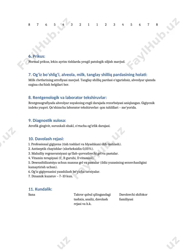 (tish toshlari va blyashkani olib tashlash). 2. antiseptik chayishlar (xlorheksidin 0,05%). 3. mahalliy regeneratsiyani qo‘llab-quvvatlovchi gel va pastalar. 4. vitamin terapiyasi (c, b guruhi, d vitamini). 5. desensibilizatsiya uchun maxsus gel va pastalar (ildiz yuzasining sezuvchanligini kamaytirish uchun). 6. og‘iz gigiyenasini yaxshilash bo‘yicha tavsiyalar. 7. dinamik kuzatuv – 7–10 kun. 11. kundalik: sana takror qabul qilingandagi tashxis, analiz, davolash rejasi va h.k. davolovchi shifokor familiyasi 12. davolash natijasi (epikriz): davolash natijasida milklarning yallig‘lanishi kamaydi, qonash to‘xtadi. atrofik o‘zgarishlar saqlanib qolmoqda, ammo bemorning umumiy holati yaxshilandi. muntazam gigiyena va davriy stomatolog nazorati tavsiya qilindi. /docprops/thumbnail.jpeg