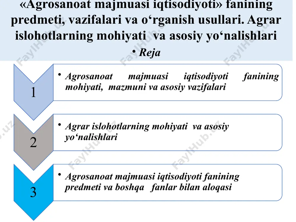 ht, sut sanoati me’va, sabzavot sanoati oziq-ovqat sanoati va boshqalar texnika ta’minoti va ta’mirlash servis xizmatlari irrigatsiya va melioratsiya xizmatlari kimyoviy xizmatlar zooveteraniya xizmatlari moliyaviy xizmat ko’rsatuvchilar qurilish, ta’mirlash servis xizmati fan, texnika, texnologiya xizmatlari ijtimoiy xizmat ko’rsatish sohalari ichimlik ishlab chiqarish sanoati ulgurji va chakana savdo tarmoqlari kimyoviy mahsulotlar ishlab chiqarish sanoati axborot texnologiya lari ta’minoti xizmat lari va boshqalar agrosanoat majmuasi иқтисодиёти фанининг maqsadi- aholini sifatli oziq-ovqat va xalq iste’mol tovarlari bilan talab darajasida ta’minlashdir. bu maqsad siyosiy, iqtisodiy va ijtimoiy ahamiyatga ega bo’lib, uni talab darajasida ta’minlash aholini turmush darajasini yuksalishi va farovon yashashini ta’minlaydi. agrosanoat majmuasi iqtisodiyoti fanining zarurligi statistik ma’lumotlarga ko’ra aholisi soni 2023 yilda yil davomidagi doimiy aholi soni o‘rtacha 36 mln 412 ming kishi tashkil etadi, bu xolat respublikamizda oziq-ovqat mahsulotlari va xalq iste’moli mollari ishlab chikarishni axolini ko’payishiga mutanosib ravishda ko’paytirishni taqozo etmoqda.buning uchun o’z navbatida qishloq xujaligi maxsulotlarini ishlab chikarishni va …