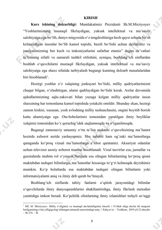 izimida bir qancha ahamiyatga molik o‘zgarishlar amalga oshirilmoqda o‘zbekiston respublikasining 2022-2023- yillarda pisa va timss xalqaro baholash tadqiqotlarida qatnashishi shunday ijobiy o‘zgarishlardan biri hisoblanadi. timss (trends in international mathematics and science study) – bu to‘rtinchi va sakkizinchi sinflarda matematika va tabiiy fanlar bo‘yicha keng joriy qilingan xalqaro baholash dasturi. timss tadqiqoti doirasida birinchi baholash 1995-yilda o‘tkazilgan va har 4 yilda takrorlangan: 1999, 2003, 2007, 2011, 2015, 2019. hozirgacha o‘tkazilgan baholash tadqiqotlarining so‘nggisi 2019-yilda amalga oshirilgan va unda 70 ta davlat qatnashgan. timss o‘quvchilarga ta’lim olish imkoniyatlari qanday taqdim etilgani va o‘quvchilarning ushbu imkoniyatlardan foydalanishiga ta’sir etuvchi omillarni ko‘rib chiqishda o‘quv dasturlaridan asosiy tashkiliy tamoyil sifatida keng ko‘lamda foydalanadi. kurs ishining maqsadi: boshlang‘ich ta’limda tabiiy fanlar metodlari va uning afzalliklarini oʻrganish, tahlil qilish va muammolarini bartaraf etish usullarini oʻrganish. kurs ishining predmeti:boshlang‘ich ta’limda tabiiy fanlar o‘qitishning umumiy nazariy asoslari. kurs ishining obyekti: boshlang‘ich ta’limda tabiiy fanlar metodlari va ularni amaliyotda qo‘llanilishi; …