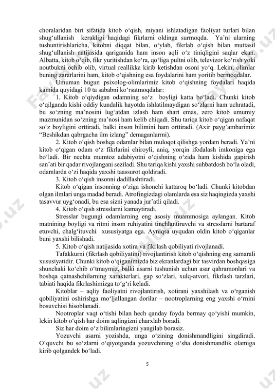 har bir o‘g‘il-qiz shu vatanning eng ko‘rkam va baxtli dilbandi bo‘la oladi. sohibqiron amir temur taʼbiri bilan aytganda, “kitob (bitig) barcha bunyodkorlik, yaratuvchilik va aql-idrokning, ilm-u donishning asosidir, hayotni yaratuvchi murabbiydir”. shu maʼnoda, shaklidan qatʼi nazar, barcha kitoblar milliy oʻzligimiz hamda umuminsoniy qadriyatlarni targʻib etishga xizmat qilishi ayni muddao. alisher navoiy hazratlari deydilarki, “kitob – beminnat ustoz, bilim va maʼnaviy yuksalishga erishishning eng asosiy manbai”. xalqimizda kitob oʻqib, munosib taʼlim-tarbiya olish, ilm-fan bilan shugʻullanishning ahamiyatiga doir maqollar ham juda koʻp. jumladan, “kitobsiz aql – qanotsiz qush”, “baxt belgisi – bilim”, “bilim – aql chirogʻi”, “ilm baxt keltirar, bilim taxt keltirar”, “hunar – oqar buloq, ilm – yonar chiroq”, “oltin olma, bilim ol, bilim olsang, bilib ol”. bunday purhikmat naqllarni uzoq davom ettirish mumkin. jahon adabiyoti vakillari ham kitoblarning inson hayotidagi tarbiyaviy ahamiyatini koʻplab asarlarida aks ettirishgan. masalan, lev tolstoyning “urush va tinchlik” asari insoniyatning eng buyuk axloqiy darslaridan biri boʻlib, …