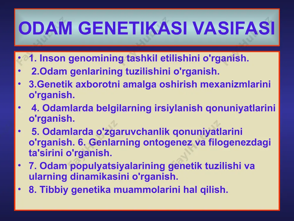 in tushkunlikka tushgan ko'krak qafasi. - giperelastiklik bo'g'inlar. o'rgimchak barmoqlari (marfan sindromi) xondrodistrofiya daun sindromi trisomiya 21 (trisomiya g) karyotip 47, 21; translokatsiya varianti karyotip 46, t 21\15 chastotasi 1:800 - 1:1000 tashqi belgilar: - ko'zlarning mongoloid kesmasi; - epikant; kalta burun shi- toshli burun ko'prigi; yarim chiqib turgan til bilan qoplangan og'iz com. aqliy zaiflik. yurak nuqsonlari, immunitet tanqisligi daun sindromi (maymun burmasi) patau sindromi trisomiya 13 (trisomiya d) og'iz bo'shlig'ining xromosoma etiologiyasi 1960 yilda k. patau tomonidan ta'mirlangan. karyotip 47, 13. chastotasi: 1: 14500. tashqi belgilar: mikroftalmiya, bo'ri pasayish st, quloqning deformatsiyasi kovin. olti barmoqli qo'l va oyoqlarning kichik barmoqlarining yon tomonlari. aqliy zaiflik orgiya, yurak nuqsonlari, serebellar vermisning gipoplaziyasi. arinensefali. karlik. klaynfelter sindromi karyotip: 47,xxy chastotasi 1:500 - 1:700 yangi tug'ilgan o'g'il bolalar. 1942 yilda tasvirlangan tashqi belgilar: - yuqori o'sish; amaldor tana nisbati, jinekomastiya, moyak disgenezi. oligo yoki azospermiya. qisqa sochlar - yo'q. klaynfelter sindromidagi karyotip …