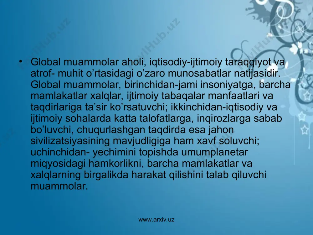 i. www.arxiv.uz aholi ko’payishi nazoratga olingan davlatlar xitoy hindiston singapur kolumbiya shri lanka www.arxiv.uz har kuni ochlikdan 35 ming kishi vafot etayotganini inobatga olsak, yiliga 12 million kishi hayotdan ko’z yumayotgani ayon bo’ladi. yiliga 80 million kishi tug’ilayotganigina bunday yo’qotishlar o’rnini to’ldirayapti, xolos. www.arxiv.uz ochlikdan azob chekayotganlar 1970 yil – 460 mln. kishi 1990 yil – 550 mln. kishi 2014 yil – 660 mln. kishi www.arxiv.uz bmt ma’lumotlariga ko’ra, agar aholi ehtiyoji zamonaviy g’arb jamiyati andozalariga mos ravishda qondirilsa, xom ashyo va energiya resurslari bir milliard kishiga yetadi, xolos. bu aqsh, yevropa va yaponiya aholisiga teng, deganidir. shu sababli ayrim tahlilchilar bu davlatlarni «oltin milliard» deb nomlashga urinmoqdalar. www.arxiv.uz www.arxiv.uz www.arxiv.uz jahon demografik muammosi (osiyo, afrika davlatlarda) ijtimoiy-iqtisodiy sharoitlarning yomonligi ekologik muammolar aholi salomatligi www.arxiv.uz www.arxiv.uz jahon demografik muammosi(rivojlangan davlatlarda) tug’ilish darajasi past keksalar soni ko’p aholining umumiy sonining kamayishi www.arxiv.uz ayni paytda har yili 130 million kishi tug’ilib, 50 …