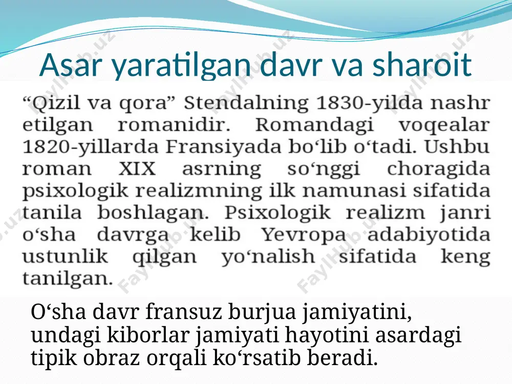 cho‘qqilari oktyabr oyining ilk izg‘irinidayoq qor bilan qoplanadi.tog‘dan kattagina sog‘ oqib tushadi; sog‘ du daryosiga borib qo‘shilishiga qadar verrerni kesib o‘tadi-da, yo‘l-yo‘lakay behisob taxta tilish mashinalarini harakatga keltiradi. dialog * - hayot bilan vidolashsangiz afsuslanarmidingiz? - ha, hozir judayam afsuslanardim! lekin baribir sizni sevganimdan pushaymon bo‘lmasdim. (129-bet) ekspozitsiya badiiy asarning sujet kompozitsiyasi tugun - asar voqealari boshlanishiga turtki bo‘lgan voqea , asar konflikti qo‘yilgan joy.syujetning zaruriy elementlaridan biri. * jyulenning otasi uni janob de renalnikiga uning bolalariga tarbiyachilik qilish uchun yuborishi. voqealar rivoji- tugundan keyin keladigan va kulminatsiyaga qadar davom etadigan voqealar. * jyulen seminariyaga boradi. u yerda hech kimga yoqmaydi, lekin muvaffaqqiyatga erisha boshlaydi.keyin unda parijga borish imkoniyati tug‘iladi. u yerda janob de lya molga kotiblik qiladi, uning qizi matildani sevib qoladi. kulminatsiya-asar voqealar rivojining eng yuqori nuqtasi, konflikt benihoya kuchaygan o‘rni. * jyulen de renal xonimni de lya molga yozgan maktubini o‘qigach, uni cherkovda otib qo‘yishi yechim- syujet …