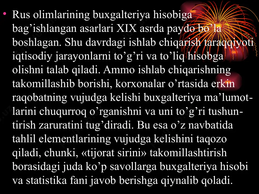 t alohida bir butun tizilma yoki tizilmaning elementi deb qaraladi olingan ma’lumotlarda xato yo`qligi va haqqoniy ekanligi, realligi ko`rsatkichlar taqqoslanuvchanliga, ularning bir asosli tarzda turli davrlar va boshqa korxonalar faoliyati to`g`risidagi huddi shunday ma’lumotlar bilan qiyosiy o`rganish * betaraflilik davriylik pulli baholash axborot foydalanuvchilarining bir guruhining zarari hisobiga boshqa guruhlar manfaatlarining qondirishning o`rinsizligi olingan ma’lumotlarning davriy oralig`i, xo`jalik faoliyati to`g`risidagi ma’lumotlar bilan vaqti bilan ta’minlab turish barcha aktivlar, kapital va majburiyatlarninng so’mda ifoda etilishi * hisobga olish mazmunning shakldan ustunligi aniq baholash daromad va harajatlarning yuzaga chiqish vaqti, o`rni va markazlari bo`yicha hisobga olinishi ma’lumotlarning hisob va hiso- botdagi huquqiy shaklida uning mohiyati va iqtisodiy voqeligi bo`- yicha hisobga olishdagi ifodasini ustunligi aktivlar va foydaning joriy davr bozor narxlarida qayta ifodalanishi * uzluksizlik boshqa tamoyillar korxona xo`jalik faoliyati yuzasidan barcha jarayonlarni o`z yakuniga qadar hisobda o`zluksiz aks ettirilishi * iqtisodiy tahlilning rezervlarni aniqlashdagi ahamiyati rezerv (imkoniyat)larni turlari tarmoq (хаlq хo’jaligi) …