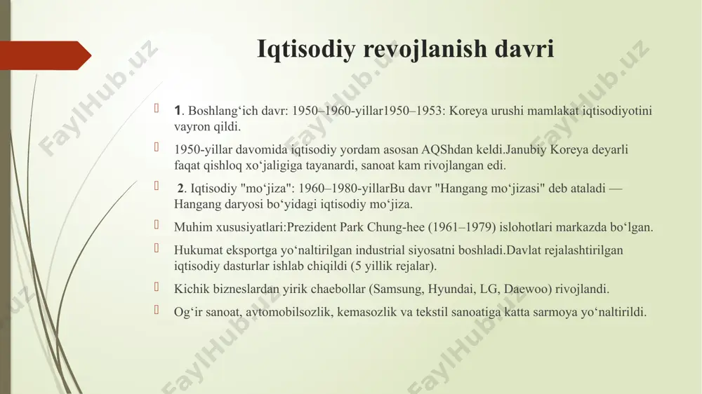 di.yashil infratuzilma: ulsan shahrida vodorod energiyasiga asoslangan yashil shahar (ulsan green hydrogen town) qurilmoqda. vikipediya 4. xalqaro savdo va iqtisodiy aloqalar:savdo maqsadlari: 2024-yilda 700 milliard dollar eksport qilish maqsadi qo'yilgan. koreatimes.co.krsavdo mexanizmlari: koreya vonida savdo to'lovlarini amalga oshirish mexanizmi joriy etilgan. 5. ijtimoiy barqarorlik va demografik siyosat: ishsizlik va yoshlar siyosati: yoshlar va yangi turmush qurganlar uchun uy-joy qo'llab-quvvatlashini oshirish rejalashtirilgan.aholi kamayishi: tug'ish ko'rsatkichlarini oshirish uchun sog'liqni saqlash sug'urtasiga tug'ish saqlashni kiritish taklif etilgan. e’tiboringiz uchun rahmat 2025-yil image1.png image2.png image3.png image4.png image5.png image6.png image7.png /docprops/thumbnail.jpeg