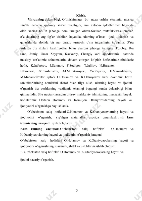 luqli adabiyotlarni to’plash. shu orqali yig’ilgan materiallarni tahlil qilish, umumtashtirish, tinglash, kuzatish, ijodiy mashq qilish, suhbat kabi pedagogik metodlaridan foydalanish, targ’ib qilish bitiruv malakaviy ishimizning metodlarini tashkil etadi. prezident asarlari san’atimizning rivoji chiqarilgan farmonlar va qarorlar, sohaga oid olimlar, musiqashunoslar, pedagogik va amaliyotchilarning fikr va mulohazalari, mutaxassislarning risola, maqola va adabiyotlarida bildirgan xulosalari hisoblanadi. 4 i-bob: hofiz va sozandalar piri hoji abdulaziz abdurasulov, hofiz va bastakor komiljon otaniyozovlarning ilmiy-ijodiy faoliyatini o’ziga xos jihatlari. 1.1. yoshlarda o’zbekiston xalq hofizi h.a.abdurasulov hayoti va ijodiyotini o’rganishning bugungi holati. xalq ijodiyoti ulkan ummondir. u doimo ijodkor ahlining mahsuli bilan boyib, muntazam ulkanlashib boraveradi. zotan, bu ummon tarkibidan joy oladigan har bir namuna o’zining siru-sinoatlari, milliy an’analar, milliy ruhiyat va milliy qadriyatlar bilan sug’orilgan mezoni bilan izohlanadi. o’zbek milliy musiqasi va adabiyotining shakllanib rivojlanishidagi asosiy poydevori ham shundadir. qaysi-ki, istedod egasi milliy an’analarga asoslangan holda ijod qilar ekan, yaratgan asarlari milliy madaniyatimiz ravnaqidagi yorqin namunalar …