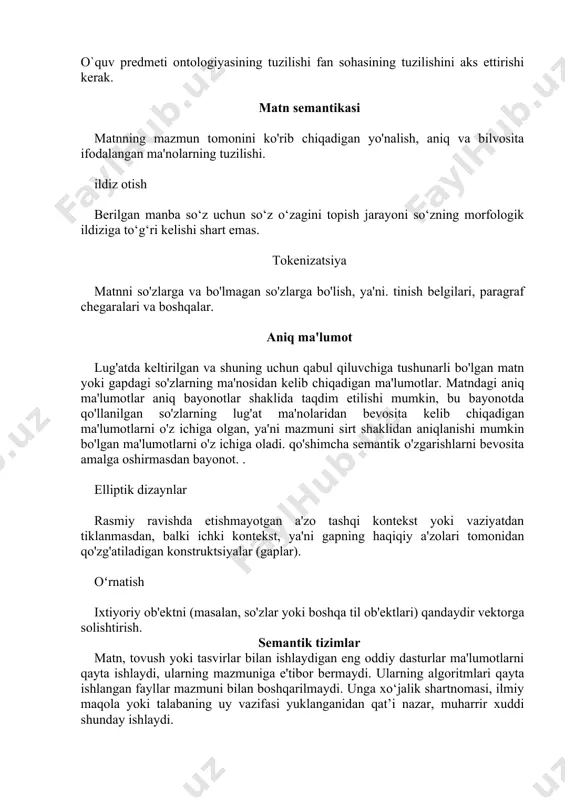 a'lumotlarni o'z ichiga oladi. qo'shimcha semantik o'zgarishlarni bevosita amalga oshirmasdan bayonot. . elliptik dizaynlar rasmiy ravishda etishmayotgan a'zo tashqi kontekst yoki vaziyatdan tiklanmasdan, balki ichki kontekst, ya'ni gapning haqiqiy a'zolari tomonidan qo'zg'atiladigan konstruktsiyalar (gaplar). oʻrnatish ixtiyoriy ob'ektni (masalan, so'zlar yoki boshqa til ob'ektlari) qandaydir vektorga solishtirish. semantik tizimlar matn, tovush yoki tasvirlar bilan ishlaydigan eng oddiy dasturlar ma'lumotlarni qayta ishlaydi, ularning mazmuniga e'tibor bermaydi. ularning algoritmlari qayta ishlangan fayllar mazmuni bilan boshqarilmaydi. unga xo‘jalik shartnomasi, ilmiy maqola yoki talabaning uy vazifasi yuklanganidan qat’i nazar, muharrir xuddi shunday ishlaydi. murakkabroq at tizimlari semantikaga sezgir, ya'ni ma'lumotlar mazmuniga u yoki bu tarzda reaksiyaga kirishadi. bunday tizimlar ma'lumotlarni turlarga va qiymatlarga bo'lingan tuzilgan massivlar shaklida saqlaydi. bu semantika bilan bevosita bog'liq bo'lgan ma'lumotlar tuzilmasi. ma'lumotlar semantikasini belgilashning ikki yo'li mavjud: tizim arxitekturasi orqali, masalan, ma'lumotlar bazasi jadvallari tuzilishi orqali yoki ma'lumotlarning o'zini sozlash. ya'ni, ma'lumotlarning semantikasi ilovaning tuzilishi bilan qat'iy belgilanadi yoki u …