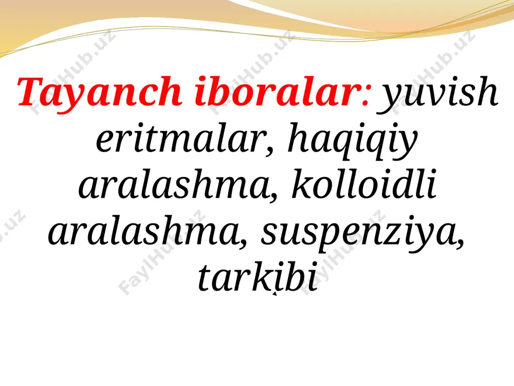 tayyorlanishi kerak. 15. zarrachalarni tindirgichda tez qotishiga va chо‘kishiga yо‘l berishi. 16. turboburli burg‘ilashda energiyani turboburga uzatuvchanligi. aralashtiriladigan zarrachalarning kattaligiga bog‘liq holda, yuvish eritmasi uch guruhga bо‘linadi: haqiqiy, kolloidli va suspenziya (biror moddaning boshqa suyuq modda ichida mayda zarra yoki tomchi xolida suzib yuradigan eritmasi). haqiqiy aralashmada–aralashtiriladigan moddaning zarrachasi alohida molekuladan iborat bо‘ladi. bunday aralashma tiniq va chegaralangan uzoq vaqt о‘z xossasini о‘zgartirmaydi. haqiqiy aralashmaga tuz, kislota va ishqorli suvlar kiradi kolloidli aralashma–juda kо‘p molekulalardan tuzilgan va ularning о‘lchami mikronning bir bо‘lagi (1 mk=0.001 mm). bunday aralashma loyqasimon kо‘rinishda bо‘ladi. uzoq vaqt saqlanganda boshlang‘ich xossasini yо‘qotadi, aralashtirilgan modda chо‘kadi yoki hamma aralashma ilvira holatga kelib qoladi. kolloidli aralashmaga suyuq oyna, sovun, ekelatin kiradi. suspenziya – kolloidli eritmaga nisbatan zarrachalari kattaroq, ular 1 dan 0.0001 mm bо‘lib, bu aralashma katta turg‘un bо‘lmagan holatga ega. suspenziyali aralashmaga – bur yoki garvitning suvdagi eritmasi kiradi agar modda aralashmasi suvda yomon namlanganda suvga uchinchi …