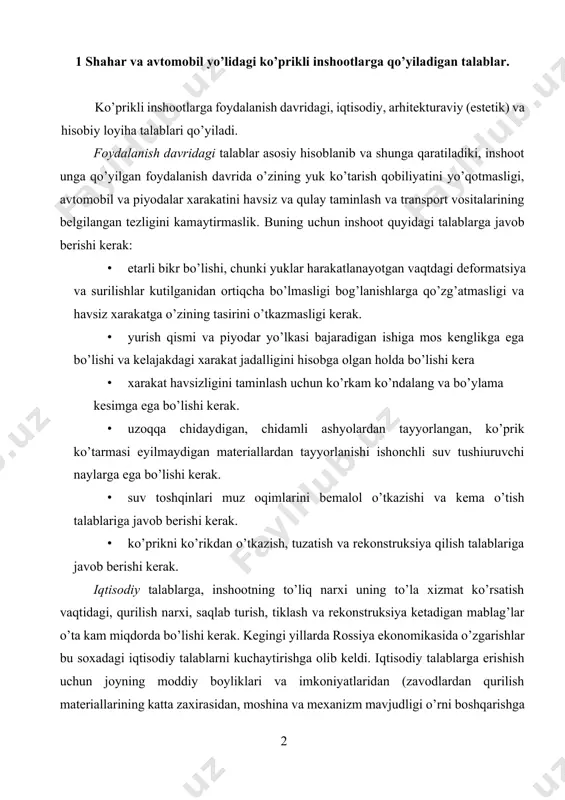 dagi, qurilish narxi, saqlab turish, tiklash va rekonstruksiya ketadigan mablag’lar o’ta kam miqdorda bo’lishi kerak. kegingi yillarda rossiya ekonomikasida o’zgarishlar bu soxadagi iqtisodiy talablarni kuchaytirishga olib keldi. iqtisodiy talablarga erishish uchun joyning moddiy boyliklari va imkoniyatlaridan (zavodlardan qurilish materiallarining katta zaxirasidan, moshina va mexanizm mavjudligi o’rni boshqarishga ishchilarni o’qitilgan, o’qitilgan ishchilar zaxirasi) va umumtexnik va tabiiy sharoit va shartlar (transport yo’llarini mavjudligi, suv transportini qo’llash mumkinligi, vertolyotlardan foydalanish imkoniyati). ishning sifatini yaxshilab, yuqori darajadagi mexanizatsiyalashni amalga oshirib, zavodda ishlab chiqarilgan konstruksiyalardan foydalanish inshootning to’liq qiymatini pasaytirish mumkin. ekologiya talablari atrof muxitni muxofaza qilishga qaratiladi. keyingi yillarda atrof-muhit muhofazasiga katta etibor qaratilmoqda suniy ino’ootlarni loyixalashtirilayotganjoylarda atrof-muhitga yetkaziladigan zarar iloji boricha kamaytirish shartlarini o’z ichiga oladi. memorchilik talablari- ko’prik shaklini hozirgi zamon go’zalligi talablariga javob berishini joyga va shahar qurilishini uyg’unlashish ko’zda tutadi. odatda oqilona loyihalangan suniy inshoot estetik talablarga mos bo’lishi kerak. bunda inshootning har bir qismi alohida o’zgacha o’zining vazifasini …