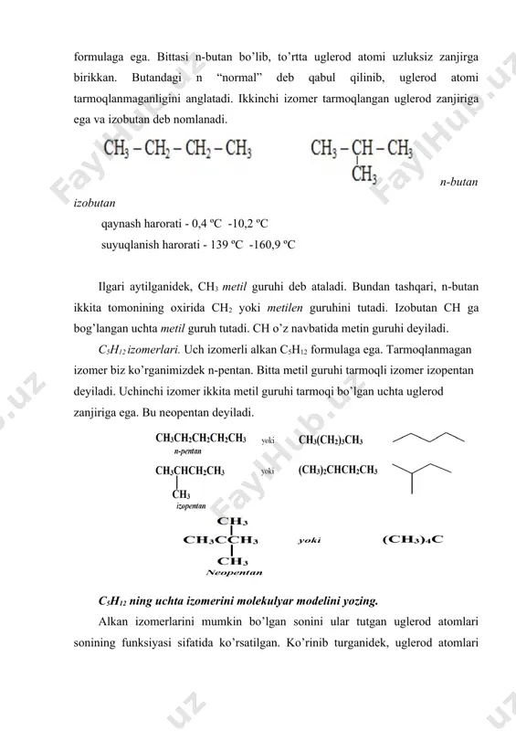 ri mavjud. ular o’zidan oldingi uglevodorodlardan −ch2 atomlar guruhi bilan farq qiladi. masalan, c2h6; c3h8; c4h10; c5h12 va xakozo. tegishli alkanlardan bitta atom vodorod ajratilsa, qolgan atomlar guruhi radikallar deb ataladi. misol: metil ch3 −, etil c2h5− yoki ch3 – ch2 −, propil ch3–ch2– ch2−, izopropil ch3 – ch − ch3 organik moddalarning xossalarini o’rganish uchun ularning tuzilish formulalarini (tuzilishini) bilish zarur. organik birikmalarda uglerod doimo to’rt valentli bo’lib, ular chiziqchalar bilan ko’rsatiladi. ch4, c2h6, c3h8 larda uglerod bir hil tartibda bog’langan: lekin butanda uglerod atomlari o’zaro ikki hil, pentanda esa uch hil tartibda bog’lanishi mumkin: c4h10 ch3 – ch2 – ch2 – ch3 ch3 – ch – ch3 ch3 n-butan izobutan agar uglerod atomi o’zidan boshqa faqat bitta uglerod atomi bilan bog’langan bo’lsa birlamchi, ikkita uglerod atomi bilan bog’langan bo’lsa ikkilamchi, uchtasi bilan bog’lansa uchlamchi va nihoyat to’rtta uglerod atomi bilan bog’lansa to’rtlamchi uglerod atomi deyiladi. umumiy formulasi bir …