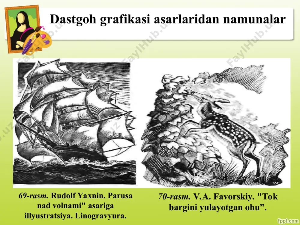 iy. "avtoportret" 77-rasm. l.abdullayev. 'mulla to'ychi toshmuhamedov' 78-rasm. n. kashina. "doirachi qiz" 79-rasm. p. benkov. "dutorchi qiz" dastgoh rangtasvir asarlarini idrok etish va tahlil qilish nikolay karaxanning "oltin kuz" asarini taxminiy tahlili: asar sujeti sodda, oltin kuz avj pallada. ko'kimtir tog'lar va moviy osmon foniga oltinsimon sariq rangga burkangan daraxtlar ko'zga tashlanadi. oldingi planda so'qmoq yo'l, qoramtir toshlar, ko'kimtir xarsang toshlar, oftobda kuygan o'tlar, kuzgi sariq, oltinsimon, qizil, och qizil shox-shabbalar aniq, yaqqol ko'rinib turibdi. orqa tomonda -yumshoq ko'k moviy tumanga o'ralgan ulkan tog' tizmalanda daraxtzorlar salgina ko'rinadi. tog'lar ustida quyosh nurlari bilan yoritilgan oq bulutchalar zangori osmonni bezagan. quyoshning g'ira-shira nurlaridan kun o'tib, kuz kechasi boshlanayotganini sezish mumkin. tomoshabin diqqati egri-bugri so'qmoq yo'lga qaratiladi. yo'lning chekkalanda kulrang xarsang toshlar bo'lib, ular atronda sarg'aygan o'tlar, biri sariq, boshqasi qizil butachalar go'yo yonib turibdi. 80-rasm. nikolay karaxan. “oltin kuz” uzoqdagi so'qmoq yo'lda o'zbek qizi, tabiatga maftun bo'lib to'xtab qolgan. qiz ham …