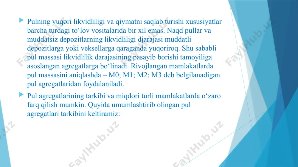 ko‘p miqdorini bildiradi. 5. pul bozorida muvozanat. pul bozori modeli pulga talab va taklifni birlashtiradi. dastlab, soddalik uchun pul taklifi markaziy bank tomonidan nazorat qilinadi va (m/p)s darajasida qayd qilingan deb olamiz. agarda m -pul taklifini, p-narxlar darajasini bildirsa, m*/p* pul vositalarining real zahirasi miqdorini ko‘rsatadi. (m/p)s = m*/p* bu yerda: m - pul taklifi darajasini bildiradi; p – baholar darajasi (ushbu modelda ekzogen o‘zgaruvchi )ni ko‘rsatadi. 6. o‘zbekistonda pul agregatlari va pul massasi tarkibi mamlakatda valyuta bozorining erkinlashtirilishi hamda aholi va tadbirkorlik sub’ektlarining naqd pulga bo‘lgan ehtiyojini qondirish borasida amalga oshirilgan ishlar savdo va pullik xizmat ko‘rsatish sohasidagi sub’ektlar tomonidan naqd pullarni bank kassalariga topshirishilishini rag‘batlantiruvchi omil bo‘lib xizmat qilmoqda. natijada, 2018 yil davomida banklar kassalariga qabul qilingan naqd pul tushumlari hajmi 2017 yilga nisbatan 2,1 barobarga ortib, 83,1 trln. so‘mni tashkil qildi. 2018 yil davomida bank kassalariga naqd pul tushumini topshirish ko‘lamining oshishi bilan bir qatorda, naqd puldagi …