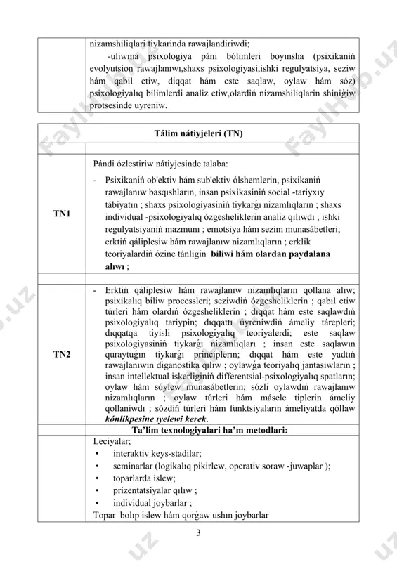 niklerdi toliq ózlestiriw, analiz natiyjelerin tuwri sawlelendire aliw, uyrenilip atırǵan protsesler haqqinda erkin pikirler alip bariw hám engiziw, araliq baqlawǵa berilgen waziypa ha’m tapsirmalardi orinlaw, juwmaqlawshi baqlaw boyinsha jazba jumisti tapsiriw. pánniń mazmunı 1-мodul (psixologiyag`a evolyutsion kirisiw) sabaq túri: lekciya (l) l1 evolyutsion psixologiyaǵa kirisiw. 2 l2 psixikanin` evolyutsiyasi ha`m payda boliwi 2 l3 tábiyiy hám jınsıy tańlanıw teoriyaları. 2 l4 shaxstıń evolyutsion tárepten rawajlanıwı. 2 l5 kognitiv protseslerdiń qáliplesiwi. insanda sawleleniw dárejeleri. 4 l6 psixikalıq processlerdiń qáliplesiwinde tildiń áhmiyeti. 2 l7 insan psixikasınıń ontogenezde rawajlanıwı. 2 l8 psixikalıq protsesler hám miydiń óz-ara baylanıslilıǵı 2 l9 hareket insan xızmetiniń birligi sipatinda. 2 l10 is hareket qurılmaları. 4 l11 zoopsixologiya hám salıstırmalı psixologiyaǵa kirisiw. 4 l12 haywanlar psixikalıq iskerliginiń ulıwma xarakteristikası 4 l13 haywanlardıń psixikalıq iskerliginiń ontogenezde rawajlanıwı. 4 l14 haywanat áleminde psixikalıq funktsiyalar evolyutsiyası. 4 l15 salıstırmalı psixologiya 4 ja`mi 44 2-modul (shaxs psixologiyasi) sabaq túri: lekciya (l) l1 shaxs …