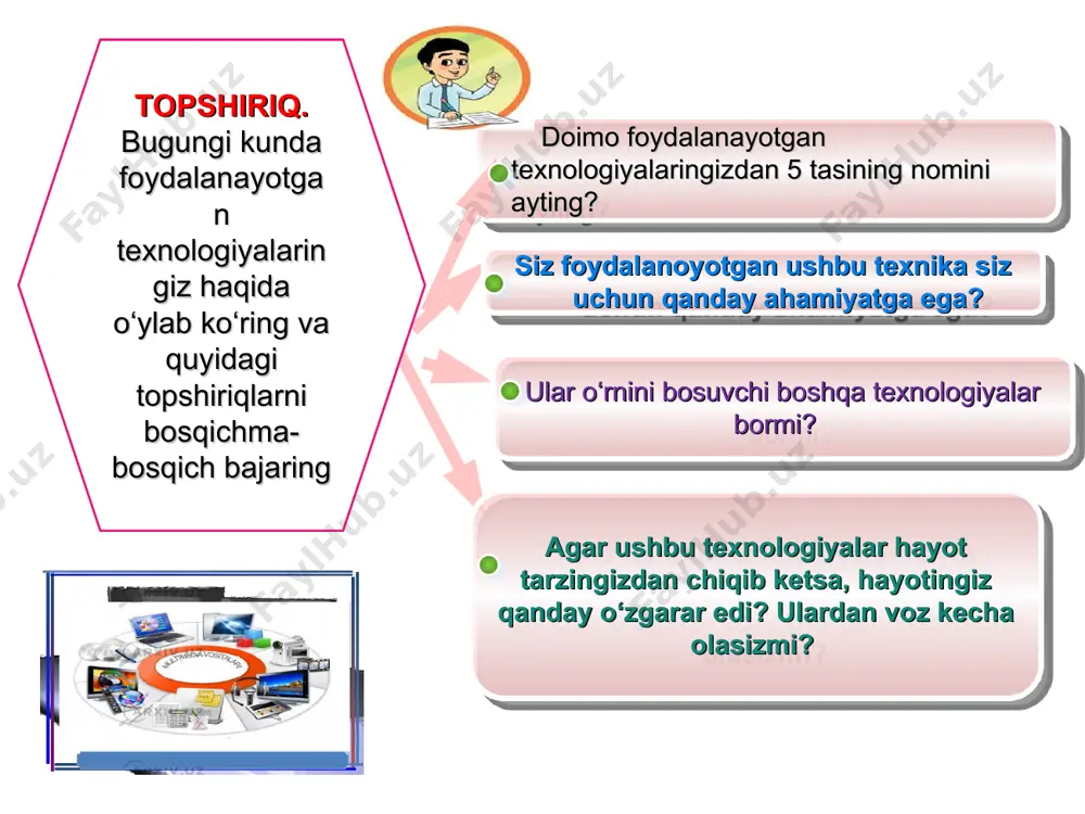 n diagrammasi t-sxema konseptual jadval dars usulini qanday tanlash kerak? 3. muammoni aniqlash, tahlil qilish va uni hal etishni rejalashtirishning yo’llari va vositalari: “nima uchun?” sxemasi “qanday?” diagrammas” “baliq skleti”chizmasi nazariy darsning kirish qismi motivatsiya qizitish bosqichi qiziqtirish bosqichi nazariy dars(qizitish bosqichi) “meni eshiting” texnologiyasi oʻqituvchi o‘quvchilarni o‘tirgan joylarida ikki guruhga boʻlib oladi. ya’ni, oʻng tomonda oʻtirgan oʻquvchilar va chap qanotda oʻtirgan oʻquvchilar. oʻng tomonda oʻtirgan oʻquvchilarni tashqariga chiqishlarini iltimos qiladi va nazoratni oʻz qoʻliga oladi. tashqariga oʻng qanot oʻquvchilarini olib chiqib ketib, ularga “hayotingizda roʻy bergan eng quvonchli voqeani partadoshingizga aytib bering”, deb topshiriq beradi. ichkarida qolgan oʻquvchilarga esa, “sherigingiz kirib sizga gapirgan paytda unga umuman ahamiyat bermay, oʻz ishingiz bilan mashgʻul bo’ling”, deb topshiriq beradi. texnologiya maqsadi: oʻquvchilarda, o‘qituvchi darsga kirgan paytda ularning bee’tibor boʻlishlari, darsni tinglamasliklari uning qalbiga ozor berishini his qiladilar va darsga bo’lgan hurmat hissini bolalarga anglatish uchun qo’llaniladi. nazariy darsning kirish qismi qizitish fazasi …