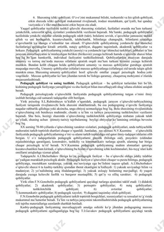 hqa amaliy yoki nazariy faoliyat jarayonida amalga oshishini nazardan chetda qoldirishimiz mumkin emas, albatta. bundan xulosa qilinadiki, qobiliyat aniq faoliyatdan tashqarida paydo bo’lmaydi. faqat uni psixologik tahlil yo’li bilan biz ularni bir-biridan ajrata olamiz. qobiliyatni aniq faoliyat boshlanishidan oldin mavjud va faqat uning yakunida qo’llaniladi, degan xulosaga kelish aslo mumkin emas. go’dakda absolyut eshitish qobiliyati, tovush balandligini bilish dunyoga kelishidan oldin mavjud bo’lmaydi. ungacha faqatgina anatomo-fiziologik haqiqatdek iste’dod nishonasi mavjud bo’lgan. gap qobiliyat faoliyatda namoyon bo’lishida emas, balki ularning shu faoliyatda yaratilishidadir. qobiliyatning rivojlanishi, umuman har qanday rivojlanish ham bir tekisda kechmaydi: uning harakat kuchi ziddiyatlikning kurashidir, shuning uchun rivojlanishning turli bosqichida qobiliyat va qiziqishlar o’rtasida ziddiyatlar bo’lishi mumkin. lekin bo’lishi mumkin bo’lgan bunday ziddiyatlarni tan olish, qiziqishlarning paydo bo’lishi va rivojlanishi qobiliyatdan mustaqil yoki aksincha, qobiliyat – qiziqishlardan paydo bo’lib qolmaydi. qobiliyatlar sifatida ro’yobga chiqadigan psixik xislatlar majmuasining tuzilishi yaqqol va alohida faoliyat talabi bilan bel- gilanganligi tufayli har …