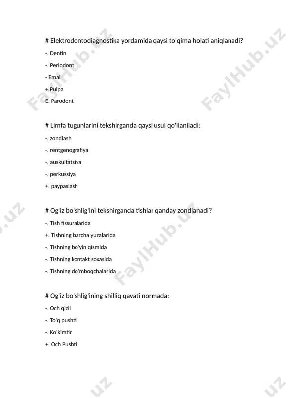'iz bo'shlig'i ko'rish uchun qaysi asboblardan foydalanamiz: -. shpatel -. shtopfer-gladilka -. pinset -. ekskavator +. stomatologik zond #. qaysi davrlarda ftoridlarning emalga ta'sir ko'rsatishini aniqlang: -. sut prikusi davrida - doimiy prikus davrida +. hammasi to'g'ri -. tishlar almashinuvi davrida -. tish murtaklanish davrida #. quyida berilgan asboblardan qaysi biri og'iz bo'shlig'ini ko'rish uchun qo'llaniladi: -. gladilka + zond, stomatologik oynacha, pinset -. shpatel -. eod apparati -. ekskavator #. quyidagi usullardan foydalangan holda bemorni tekshirish boshlanadi: +.? asosiy - rentgenologik -. laboratoriya -. sitologik -. termometrik #. tishlarning qimirlashi quyidagi asbob yordamida aniqlanadi: -. pinset -. oynacha - shpatel -. ekskavator + burchakli zond #. zararlangan maydonning chuqurligini aniqlash uchun ishlatiladigan asboblar: + zond - shtopfer - gladilka - ekskavator - pinset #. bolaning necha yoshida sut qoziq tishlari so'riladi? - 10 yoshda - 8 yoshda - 9 yoshda + 12 yoshda - 6 yoshda #. vaqtinchalik ikkinchi …