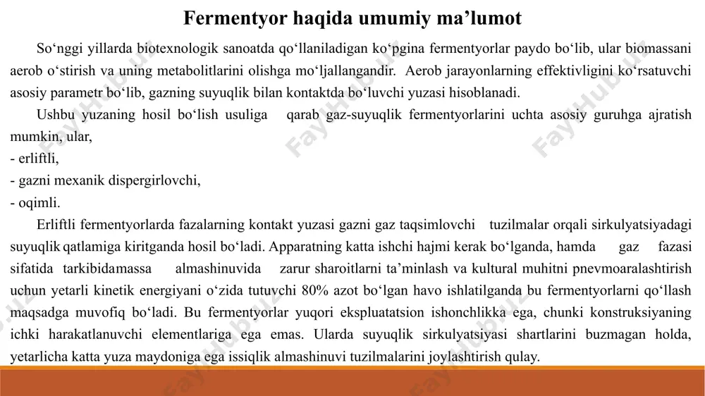 o‘lib, uning gaz tarkibi apparatining kyuvetalararo bo‘shliqdagi achitqi suspenziyasining gaz tarkibidan yuqoriroqdir. buning natijasida uning pastki qismida (kyuvetalar zonasida) qattiq fazasining cho‘kmaga tushishiga to‘sqinlik qiluvchi suspenziya sirkulyatsiyasi kyuvetalardan uzoqlashgan sari so‘nib boradi, va apparatning yuqori qismida flotirlangan mikroorganizmlarga ega baland qatlamli barqaror ko‘pik hosil bo‘ladi. ushbu keraksiz holatni faqatgina apparatning butun hajmida suyuqlikni intensiv aralashtirish hisobiga bartaraf etish mumkin. buning uchun barbotaj quvur (kyuveta)larning balandligini shunday qilish lozimki, bunda ularning yuqorigi kesimi ko‘pik satxidan 1 m dan katta bo‘lmagan masofada joylashgan bo‘lishi kerak. erliftli fermentyorlar yirik gaz pufaklarining hosil bo‘lishini kichraytirilgan diametrli barbotaj quvurlarga ega fermentatorlarda bartaraf qilish mumkin. bunday apparatning variantlaridan biri 2-rasmda ko‘rsatilgan. u qopqoqsiz kojuxoquvurli issiqlik almashgichlardan iborat sakkizta aerator (2) joylashtirilgan idish (1) ko‘rinishida tayyorlangan. quvurlarning ichki diametri 100 mm ga va balandligi 6000 mm ga teng. havo fermentatorga quvur (3) orqali kiritiladi va gaz taqsimlagichlar bo‘ylab (4) tarqatiladi. gaz taqsimlagich past silindrik qutidan iborat bo‘lib, …
