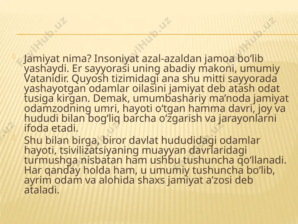iradi. jamiyatning moddiy va ma’naviy hayotini boshqarish, kishilar o‘rtasidagi munosabatlarni tartibga solishda turli siyosiy institutlar (davlat, siyosiy partiyalar, tashkilotlar, turli uyushmalar) muhim o‘rin tutadi. jamiyatni boshqarishning siyosiy-huquqiy jihatlari ham muhimdir. kishilar tamonidan siyosiy va huquqiy bilimlarning chuqur o‘zlashtirilishi jamiyatning barqaror yashashi va rivojlanishida muhim ahamiyat kasb etadi. jamiyat rivoji, kishilarning moddiy va ma’naviy ehtiyojlari qondirilishida mehnat, mulk va mehnatning ijtimoiy taqsimlanishi beqiyos ahamiyatga ega. mehnatning kishilarning qobiliyatiga qarab ijtimoiy taqsimlanishi natijasida muayyan kasb-kor bilan shug‘ullanadigan toifalar, guruh, qatlam va sinflar vujudga keladi va ular jamiyat strukturasida o‘ziga xos o‘rin egalaydi, jamiyat taraqqiyotiga muayyan hissa qo‘shadi. jamiyat hayotiga barqarorlik va beqarorlik ham xos. har bir inson o‘z oldiga qo‘ygan maqsadlariga erishish uchun osoyishtalik va tinchlikka muhtoj bo‘lgani kabi, jamiyat ham o‘z oldiga qo‘ygan vazifalarni ado etishi uchun ijtimoiy-siyosiy barqarorlikka ehtiyoj sezadi. barqarorlik – jamiyat taraqqiyotining tadrijiy rivojlanishi, ijtimoiy tizimning muayyan darajadagi bir tekis faoliyat ko‘rsatish imkoniyatidir. u turg‘unlik tushunchasidan keskin farqlanadi. …