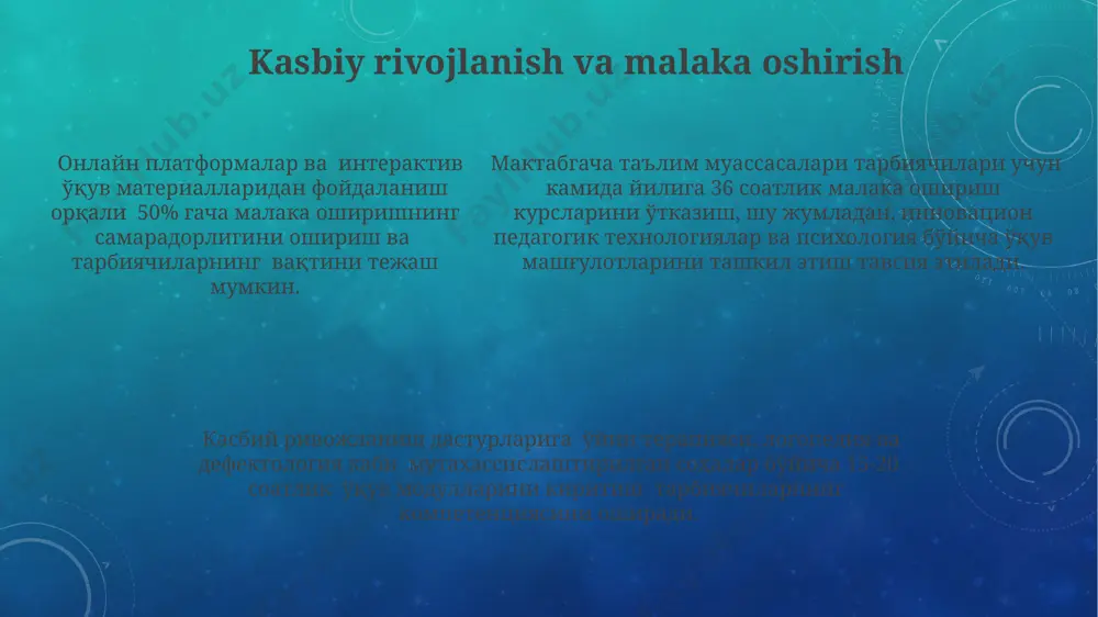 isoblanadi. zamonaviy maktabgacha ta'lim pedagogikasi ijtimoiy-emotsional rivojlanish, nutq terapiyasi va inklüziv ta'lim kabi 5 dan ortiq muhim sohalarni o'z ichiga oladi, bu esa tarbiyachilarning ko'p qirrali bilimlariga ehtiyojni oshiradi. maktabgacha ta'lim tarbiyachilari bolaning intellektual rivojlanishiga katta hissa qo'shadi, 3-7 yosh oralig'ida miya faoliyatining 80% shakllanishini ta'minlaydi va kelajakdagi muvaffaqiyatlariga zamin yaratadi. e'tiboringiz uchun rahmat @taqdimot_robot image3.png