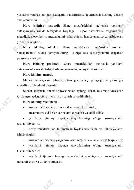 ol g‘oyasi, o‘zbekiston respublikasi birinchi prezidenti i.a.karimovning asarlarida sharq mutafakkirlarining yoshlarning ijtimoiy hayotda o‘rni va o‘ziga xos xususiyatlari xaќidagi fikrlari, respublika hukumatining ta’lim-tarbiya borasida qabul qilingan qarorlari, sharq va g‘arb mutafakkirlarining komil inson tarbiyasiga oid qarashlari. kurs ishining tuzilishi: ish kirish, 4-bo’lim, xulosa, foydalanilgan adabiyotlardan iborat. 1. sharq mutafakkirlari me’rosi asosida yoshlarni vatanparvarlik ruxida tarbiyalashning o‘ziga xos xususiyatlari mustaqil o‘zbekiston respublikasining kelajagi va ravnaqi nafaqat iqtisodiy, ijtimoiy, siyosiy balki ma’naviy va madaniy omillarga ham bevosita bog‘liqdir. mustaqillik munosabati bilan ma’naviy hayotimizda uyg‘onish yuz berdi. xalqimizning asrlar davomida unitilgan va eskilik sarqiti deb toptalgan milliy udum va an’analari, urf-odatlari, qadriyatlari qaytadan tiklandi. ayniqsa avlod-ajdodlari tomonidan yaratilgan boy madaniy va ma’naviy meroslari quyosh yuzini ko‘rdi. hozirgi kunda yangicha tafakkurli yuksak madaniyatli, xalqqa, vatanga sadovatli barkamol shaxslarni tarbiyalash jamiyatimiz oldida turgan eng dolzarb masalalardan biriga aylandi. biz kelajagi buyuk davlatni barpo etarkanmiz, bu borada avlod-ajdodlarimiz asr osha sayqal topgan ma’naviy merosi muhim sanaladi. …