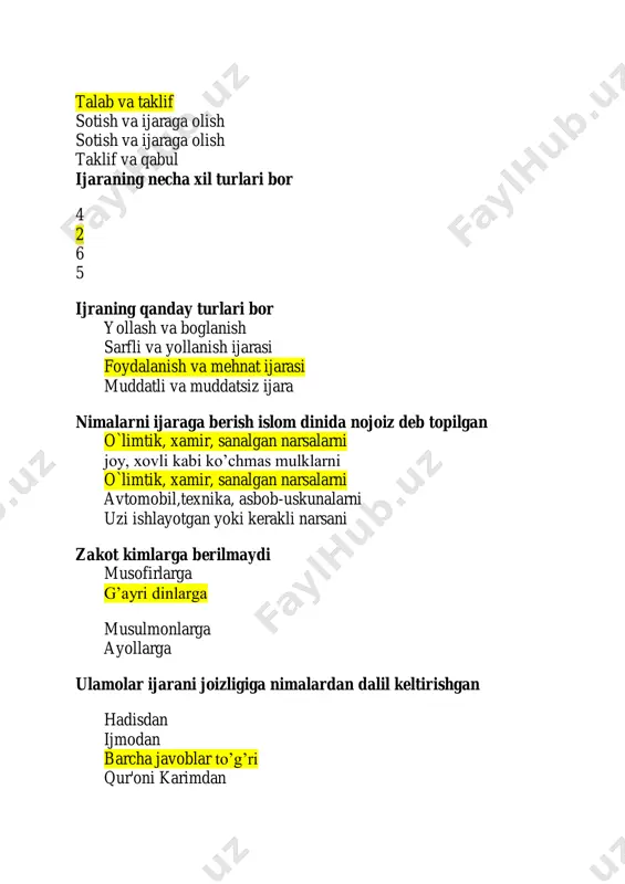 'a arab tilidagi “takaful” so`zlari nimani anglatadi sug`urtani kafilsizlikni ijarani qarzni quydagilardan qaysi biri zakot beruvchilarda bo’lishi kerak bo’lgan shartlarga kirmaydi balog’atga yetgan bo’lishi aqli hushi joyida bo’lishi musulmon bo’lishi ozod bo’lishi moldan zakot berilishi uchun qo’yiladigan asosiy shartlar barcha javoblar to’g’ri mol halol bo’lishi zakot beruvchi musulmon bo’lishi nisobga yetgan bo’lishi islom moliyasi nechta manbaga asoslanadi 4 3 2 5 islom moliyasi predmeti nima insonlar oʻrtasida yuz beradigan moliyaviy munosabatlar barcha islomiy muassasalar savdo-sotiq bitimlari kelishuv bitimlari islom moliyasi bitimlarda quyidagilarni qaysilarini gumon qilib, sharʼan ta’qiqlaydi ribo, qarz, ijara savdo, ribo, qarz maysir, savdo, gʻarar gʻarar, ribo, maysir sherikchilikka asoslangan mahsulotlar …. mudoraba, mushoraka ijara, salam ijara, mudoraba salam, mushoraka sugʻurtalash shartnomasidagi gʻarar nimada koʻrinadi sugʻurta shartnomasi tuzish oqibatlarining noaniqligida foyda tasodifga asoslangan sugʻurta shartnomasida sugʻurta qildiruvchidan olingan pul miqdori oʻrtasida farq kuzatilishida sugʻurta shartnomasida sugʻurta qildiruvchiga toʻlangan pul miqdori oʻrtasida farq kuzatilishida qarz mablagʻlari asosida moliyalashtirishga asoslangan vositalar …