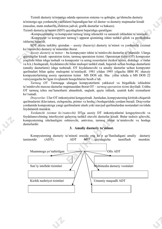 r prеdmеt sohasi bơyicha ma'lum bir masalalar sinfini еchishga mơljallangan dasturlar majmuasidir. dasturlash tеxnologiyasining uskunaviy vositalari — yangi dasturlarni ishlab chiqish jarayonida qơllaniladigan maxsus dasturlar majmuasidan iborat vositalardir. bu vositalar dasturchining uskunaviy vositalari bơlib xizmat qiladi, ya'ni ular dasturlarni ishlab chiqish(shu jumladan, avtomatik ravishda ham), saqlash va joriy etishga mơljallangan . kompyuterning imkoniyatlarini kengaytiradigan va turli vazifalar bajarishini ta'minlaydigan vosita bu albatta dasturiy ta'minotdir. dasturiy ta'minot odatda kompyuterning qattiq diskida saqlanadi va kompyuter yoqilishi bilan maxsus dastur - operasion sistema ishga tushadi. dasturiy ta'minot ikkita asosiy guruхga bo'linadi: 1. tizimli dasturiy ta'minoti 2. amaliy dasturiy ta'minot 2. tizimli dasturiy ta’minot. tizimli dasturiy ta'minotga odatda operasion sistema va qobiqlar, qo'shimcha dasturiy ta'minotga ega yordamchi vazifalarni bajaradigan har xil dastur va dasturiy majmualar kiradi (masalan, matn muharriri, elektron jadval, grafik dasturlar va hakazo). tizimli dasturiy ta’minot (sdt) quyidagilarni bajarishga qaratilgan: -kompьyuterning va kompyuter tarmog’ining ishonchli va samarali ishlashini ta’minlash; -kompyuter va kompyuter …