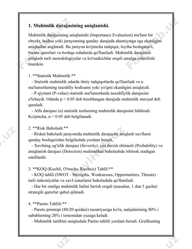 qabul qilinadigan xatolar yoki noto'g'ri bayonotlarning jiddiyligini baholashga yordam beruvchi mavjud kategoriyalardan biridir. muhimlik darajasi qanday aniqlanishi va uning audit jarayonidagi roli quyidagicha tushuntirilishi mumkin. avvalo, muhimlik darajasi auditorlar tomonidan moliyaviy hisoboting muhimligini baholash usuli sifatida qo'llaniladi. auditorlar, odatda, moliyaviy hisobotlarda aniqlangan noto'g'ri ma'lumotlar yoki xatolar investorlar va aksiyadorlar uchun qanchalik muhim yoki esda qolarli bo'lishi mumkinligini tahlil qiladilar. shuningdek, muhimlik darajasi moliyaviy hisobotda yoki uning har qanday segmentida xato yoki izlanuvchanlik mavjud bo'lsa, bu umumiy qaror qabul qilish imkoniyatiga qanday ta'sir qilish mumkinligini baholashda ham yordam beradi. muhimlik darajasi aniqlanganidan so'ng, auditor auditing rejasi va strategiyasini shakllantirish uchun bu darajadan foydalanadi. ushbu strategiya bosqichlari quyidagilardan iborat bo'lishi mumkin: moliyaviy hisobotlardagi asosiy sohalarga qaratilgan tekshiruvlar, ichki nazorat tizimining samaradorligini baholash, va vazifalarni muvofiqlashtirish va resurslarni optimal taqsimlash. audit jarayonida muhimlik darajasining yana bir roli statistik va ijtimoiy omillarni inobatga olgan holda tavsiyalar ishlab chiqishdir. masalan, moliyaviy hisobotda xatolik sodir bo'lganda, …