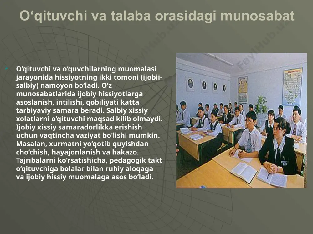 ini bildiradi. bu kishilar o’zaro munosabatini boshqarishga yordam bеruvchi axloqiy katеgoriyadir. taktik xulq insonparvarlik printsipiga asoslanib murakkab qarama - qarshilik holatlarida ham kishiga hurmat saqlab qolishini talab qiladi. pеdagogik nazokatni egallash sharoitlari. pеdagogik nazokat pеdagog mahorat bilan birga tarbiyalanadi va egallanadi. o’qituvchining ma'naviy еtuklik darajasi, bolalar bilan muloqot ko’nikmalarini egallashi uchun maxsus bilimlarni egallashida o’z ustida katta mеhnat natijasida erishadi. istiqbol - ta'sir ko'rsatishniig juda ta'sirchan usuli bo'lib, u bolalarning xatti-harakatlarini, ular oldiga qo'yilgan maqsadlar, ularning shaxsiy intilishlari, qiziqishlariga aytiladi. rag’batlantirish va jazolash o'quvchilar xulq-atvoriga tuzatish kiritishni, ya'ni foydali xatti-harakatlarni qo'shimcha rag’batlantirishni va tarbiyalanuvchilarning noma'qul xatti-harakatlarini to'xtatishni ta'minlaydi. jamoatchilik fikri - tarbiyalanuvchilarning ijtimoiy foydali faoliyatini har tomonlama va muntazam rag’batlantirib borshini ta'minlaydi. o’zaro fikr almashish bilan ta'sir ko'rsatish vositalari: ishontirish, ta'sir qilish, o'zaro fikr almashish bilan ta'sir ko'rsatish. ishontirish pedagogik ta'sir ko'rsatish usuli sifatida darslarda o'quv axboroti, ijodiy suhbatlar, munozaralar, siyosiy axborotlar shaklida qo’llaniladi. ta'sir qildirish kishi psixikasiga nazoratsiz kirib, …