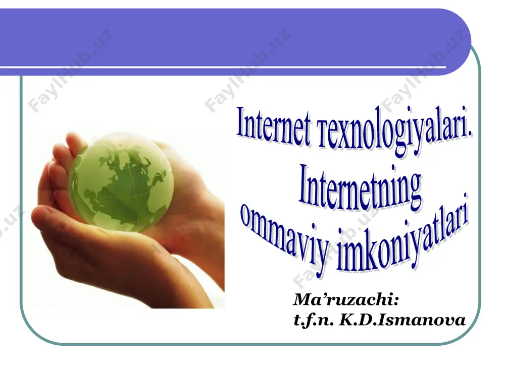 rdi va ommaviylashtirdi. bu intеrnеt rеsurslari va ma`lumotlaridan foydalanishni ta`minlovchi dastur internet explorer opera firefox bugun juda katta hajmdagi qidiruv tizimiga egamiz kompyutеr tarmoqlari mijozlariga boshqa tarmoq xizmatlaridan bеvosita foydalanish imkoni bеriladi mijoz avval proksi sеrvеrga ulanadi va u orqali boshqa sеrvеrda joylashgan biron bir rеsursga murojaat qiladi web-sayt ta’lim saytiga misol: edu.uz, eduportal.uz inglizcha web-to’r, site-joylashish ma’nolarini anglatadi va bir mavzu doirasidagi bir qancha saytlar yi’g’indisidan tashkil topgan! foydalanuvchi vеb-sahifalarini intеrnеt provaydеri sеrvеrida joylashtirish va joriy qilish amali xosting dеb ataladi tarkibi, faqatgina ishtirokchilardan iborat va ular orasida muloqotni o’rnatuvchi, ko’p foydalanuvchili intеraktiv vеb saytlar asosida yaratilgan tarmoq internetda reklama-savdo-sotiq, bozor munosabatlarida muvaffaqiyat qozonishning eng maqbul usullaridandir reklama turlari: -bannerli reklama. - e-mail reklama. elektron to’lov tizimi siz ijtimoiy tarmoqda akkaunt olgansiz? bir kun parolingizni unutib qo’ydingiz? nima qilasiz? murojaat uchun: klara_id@inbox.uz