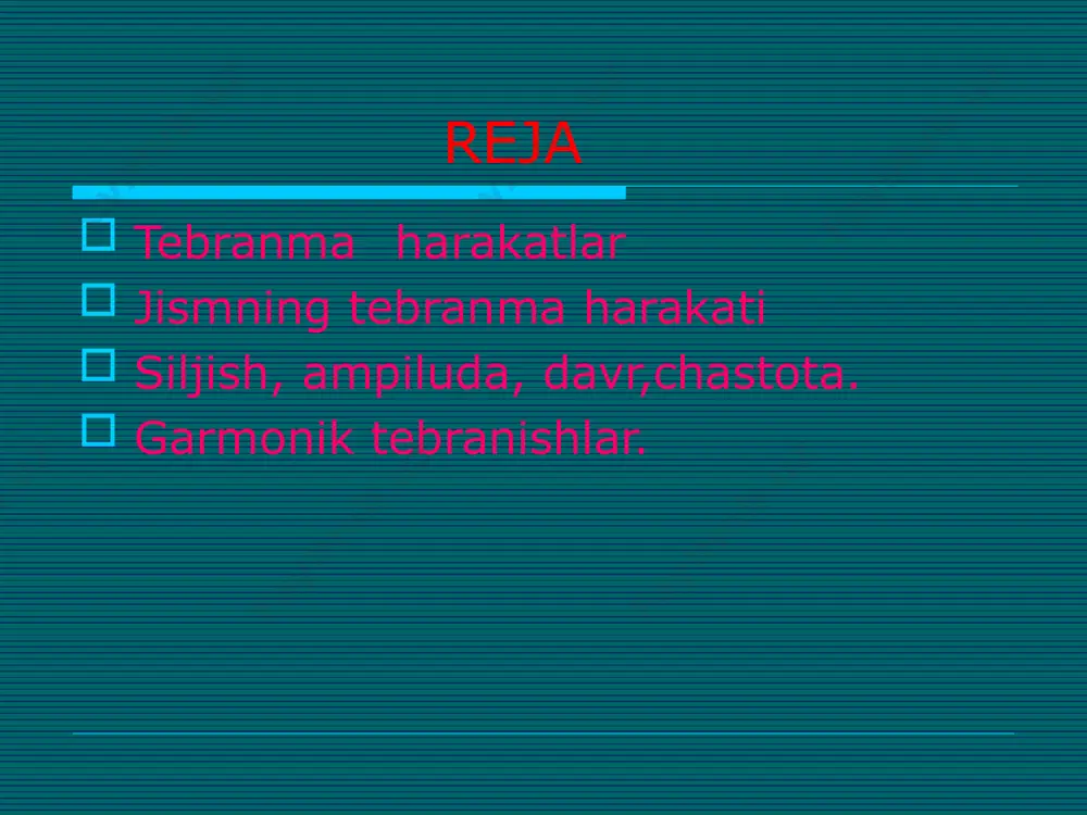 ga proporsional ravishda muvozanat vaziyati tomon yonalgan kuch tasirida sodir boluvchi tebranishlarni garmonik tebranishlar deb ataladi. xulosa tebranma harakatlar va garmonik tebranishlar haqida mazkur taqdimotdan quyidagi xulosalarni chiqarish mumkin:tebranma harakat tabiatda va texnikada keng tarqalgan bo‘lib, uning asosiy belgisi muvozanat holatidan ma’lum bir davriy siljish hisoblanadi.siljish, amplituda, davr, va chastota kabi kattaliklar tebranishlarni to‘g‘ri tavsiflash uchun muhimdir.garmonik tebranishlar tebranishlarning asosiy ko‘rinishi bo‘lib, ular kuchning jism siljishiga proportsional tarzda ta’sir qilishi orqali aniqlanadi.tebranishlarni tushunish mexanika, fizika va texnika sohalaridagi muammolarni hal qilishda muhim ahamiyatga ega. foydalanilgan adabiyotlar a. to‘raqulov, “mexanika asoslari”, toshkent, 2020. o‘zbekiston milliy entsiklopediyasi, “tebranma harakat” bo‘limi, 2018. serway r., jewett j., “physics for scientists and engineers”, cengage learning, 2013. mavzuga oid ilmiy va elektron resurslardan olingan materiallar. e’tiboringiz uchun rahmat….! termiz iqsodiyot va servis universiteti iqsodiyot va axborot texnalogiya fakulteti:1-kurs sirtqi axborot tizimlari va texnalogiyalari 7-24-guruh talabasi: yangimuratov bobur image2.png image3.png image1.png