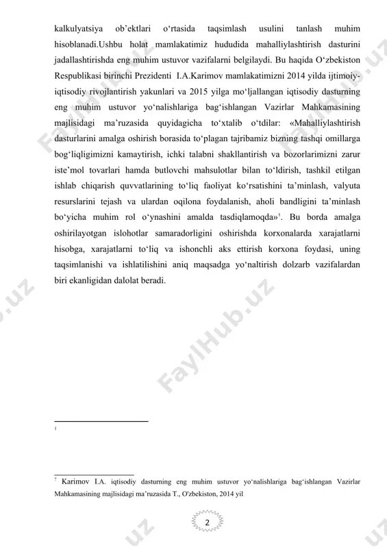 mahsulotlar bilan to‘ldirish, tashkil etilgan ishlab chiqarish quvvatlarining to‘liq faoliyat ko‘rsatishini ta’minlash, valyuta resurslarini tejash va ulardan oqilona foydalanish, aholi bandligini ta’minlash bo‘yicha muhim rol o‘ynashini amalda tasdiqlamoqda» . bu borda amalga oshirilayotgan islohotlar samaradorligini oshirishda korxonalarda xarajatlarni hisobga, xarajatlarni to‘liq va ishonchli aks ettirish korxona foydasi, uning taqsimlanishi va ishlatilishini aniq maqsadga yo‘naltirish dolzarb vazifalardan biri ekanligidan dalolat beradi. i bob ishlab chiqarish xarajatlari tushunchasi, tarkibi va tamoyillari va taqsimlanishi 1.1. ishlab chiqarish xarajatlari tushunchasi va uning tarkibi milliy iqtisodiyotdagi ishlab chiqarish birliklari (korxona, firma) o‘z faoliyati natijalaridan ko‘proq daromad olishga harakat qiladi. har qanday korxona nafaqat o‘zining tovarini ancha yuqori baholarda sotishga, balki mahsulot ishlab chiqarish va uni sotishga qilinadigan sarf-xarajatlarni kamaytirishga ham intiladi. tovarlarni sotish baholari asosan korxona faoliyatiga bog‘liq bo‘lmagan tashqi sharoitlar bilan belgilansa, ishlab chiqarish sarf-xarajatlari korxonaning ishlab chiqarish va tayyor tovarlarni sotish jarayonlarini tashkil qilish samaradorligi darajasiga bog‘liq. lekin har qanday tovarni ishlab chiqarish …