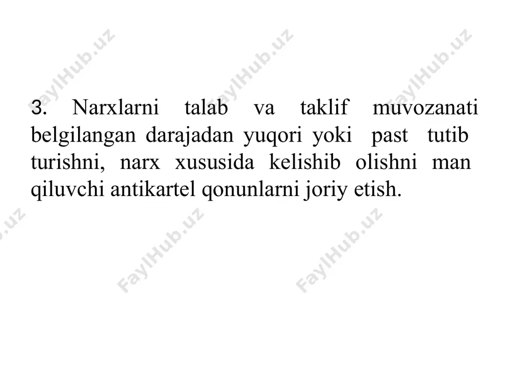 qda u qadar ko‘p bo‘lmagan korxonalarning mavjud bolishi va hukmronlik qilishidir. bu oligopoliyaning eng mu­him belgisidir. qaysi tovarlar va xizmatlar bozorida nisbatan kam sonli ishlab chiqaruvchilar hukmronlik qilsa, shu tarmoq oligopolistik tarmoq hisoblanadi. oligopolistik tarmoq bir xil yoki tabaqalashgan mahsulot ishlab chiqarishi mumkin: po‘lat, mis, alyuminiy, qo‘rg‘oshin, temir va shu kabilar- fizik ma’noda bir turdagi mahsulotlar hisoblanadi va oligopoliya sharoitida ishlab chiqariladi. iste’molchilik tovarlari: avtomobillar, yuvuvchi vositalar, sigaretalar, maishiy elektr buyumlari va shu kabilarni ishlab chiqaruvchi tarmoqlar tabaqa­ lashgan oligopoliya hisoblanadi. intensivlik darajasi bo‘yicha jalb etuvchi raqobat raqobat subyekti mazkur segmentda oldingi segmentdagiga nisbatan ko‘proq foyda oladi; chegaralangan raqobat mazkur raqobat tovar bozorida raqobatni ushlab turadi; shafqatsiz raqobat raqobat nisbatan intensiv ,raqobatchilar bir-birini bozordan siqib chiqarishga ,ulushini tortib olishga harakat qiladi. ehtiyojlarni qondirish shakli bo‘yicha: funksional raqobat bu raqobatning shunday turli xil tovarlar o‘zaro bir-bir bilan raqobatlashadi. bu tovar ayni o‘sha ehtiyojni qondirishga yo‘naltirilgan bo‘ladi. tur raqobat mazmuniga ko‘ra funksional …