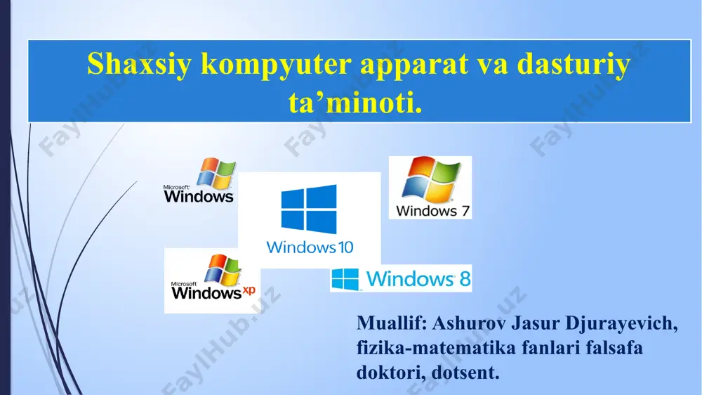 yilda intel firmasida ishlab chiqarilgan i-4004 hisoblanadi. ushbu mikroprotsessor 4 bitli bolib, ishlash tezligi 108 kgts yoki 0,06 mips (millions of instructions per second). 2300 ta tranzistordan tashkil topgan va 10 mkm li texnologiya asosida ishlab chiqarilgan. mikroprotsessor - kompyuterni boshqarish barcha buyruqlarni bajaruvchi mashina miyasidir. mikro protsessor qurulmalar ishini boshqaradi, tegishli hisoblashlarni amalga oshiradi. u barcha amallarni tez bajarish imkonini beradi. tezkor (operativ) hotira -protsessor uchun zarur bo’lgan ma’lumotlar va dasturlarni saqlaydi, hamda operatsion sistemaning asosiy bo’lagini doimiy saqlash uchun hizmat qiladi. kompyuter o’chirilishi bilan opera- tiv hotiradagi ma’lumotlar ham o’chadi. qattiq (vinchestr, hdd) disk va ssd disk –qattiq disk ko’proq ish-latiladigan axborot va dasturlarni doimiy saqlash uchun qo’lla-niladi. bunday axboratlarga operatsion sistema dasturlari, ser-viz dasturlar, matnli hujjatlar, foydalanuvchining amaliy dastulari, ma’lumotlar ombori va boshqalarni kiritish mumkin. kompyutеr asosiy qismlari 2. monitor (displеy) – matnli yoki grafik ko’rinishdagi ma'lumotlarni ekranga chiqarish uchun mo’ljallangan qurilma qisoblanadi. suyuq kristalli - monitor …