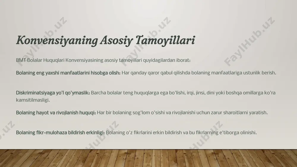 r yaratish. 6 konvensiyani amalga oshirish mexanizmlari konvensiyani amalga oshirish mexanizmlari bolalarning huquqlarini ta'minlashda muhim rol o'ynaydi. bu mexanizmlar quyidagilarni o'z ichiga oladi: pedagogik jamoaning rolini oshirish: pedagoglarning bolalar huquqlari bo'yicha bilim va ko'nikmalarini oshirish. huquqiy ta'lim va tarbiya: bolalarga o'z huquqlari haqida ma'lumot berish va ularni hurmat qilishga o'rgatish. monitoring va baholash tizimi: bolalar huquqlarining amalga oshirilishini monitoring qilish va baholash. bolalarning huquqlarini qo'riqlovchi mexanizmlar: bolalarning huquqlarini buzilishidan himoya qiluvchi mexanizmlarni yaratish va ularning faoliyatini ta'minlash. 7 zamonaviy ta'lim muassasalarida innovatsiyalar zamonaviy ta'lim muassasalarida innovatsion yondashuvlar bolalarning huquqlarini ta'minlashda muhim rol o'ynaydi. bu innovatsiyalar quyidagilardan iborat: inkluziv ta'lim: barcha bolalarning, shu jumladan, nogironligi bo'lgan bolalarning ham ta'lim olishi uchun sharoit yaratish. bolaning individual ehtiyojlarini hisobga olish: har bir bolaning individual ehtiyojlarini hisobga olgan holda, ularga ta'lim berish. psixologik qo'llab-quvvatlash: bolalarga psixologik yordam ko'rsatish va ularning ruhiy salomatligini ta'minlash. bolalarning ijodiy salohiyatini rivojlantirish: bolalarning ijodiy qobiliyatlarini rivojlantirish uchun imkoniyatlar yaratish …