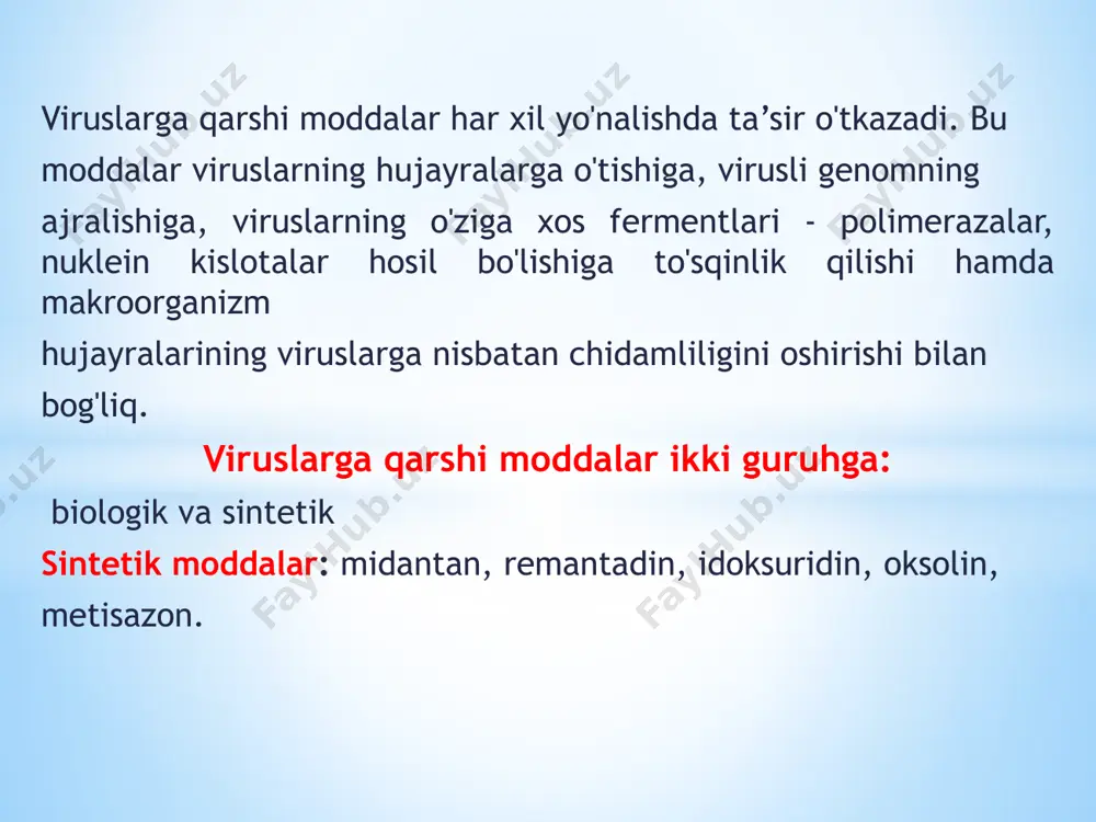 ta’sirga ega. hozirgi kunda organizmda endogen interferon hosil bo'lishini oshiradigan moddalar - interferon induktorlari - arbidol, poludan, neovir kiradi. interferogen faollikka -prodigiozan, dibazol moddalari ham ega. interferon qo'llanganda salbiy ta’siri. tomizilgan joy qizarib, og'riq paydo bo'lishi mumkin, ba’zan allergik jarayonlar ham uchraydi. protozoylarga qarshi moddalar bezgakka qarshi qo'llanadigan moddalar xingamin, xinina gidroxlorid, primaxin, xloridin, akrixin, bigumal moddalar bezgakni chaqiradigan plazmodiylarga qarshi tanlab ta’sir ko'rsatadi. plazmodiylaming turi ko'p bo'ladi; ularning rivojlanish bosqichlari ancha murakkab o'tadi, moddalarning ta’siri ana shu omillar bilan bog'liq. - plazmodiylar 3 kunlik bezgakni yuzaga keltiradigan-plasmodium vivax, - 4 kunlik plasmodium malariae, - tropik bezgakni p.falciparum chaqiradi. 3 kunlik hamda tropik bezgak ko'proq uchraydi. bezgak plazmodiylari odam organizmiga chivinlar orqali o'tadi - odam organizmida plazmodiylar jinssiz (shizogoniya), chivin organizmida jinsiy (sporogoniya) rivojlanish davrini bosib o'tadi. plazmodiylardan zaharlangan chivin chaqqanda qonga plazmodiy sporozoitlari o'tadi, qondan ular retikuloendoteliy sistemasiga - jigar, qora taloq, to'qimalarga o'tib, pre-eritrotsitar davrni o'tkazadi, so'ngra to'qima …