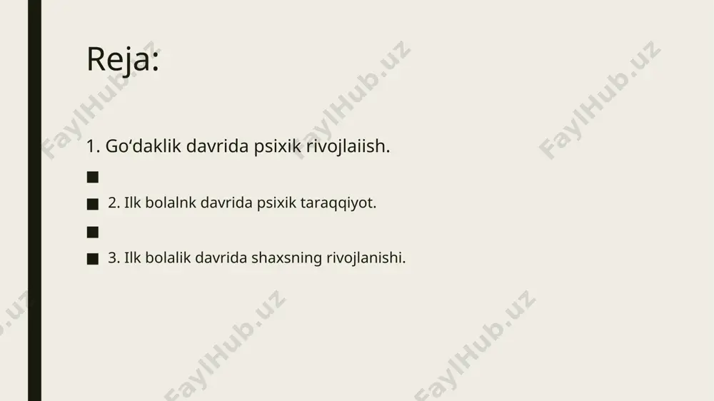 ojlanishiga olib keladi 3-7yoshli bolalar psixik rivojida badiiy-ijodiy faoliyat bulgan musikaning xam axamiyati xam juda katta. musika orkali bolalar ashula aytishga, musika oxangiga mos ritmik xarakatlar kilishga urganadilar. 3-7 yosh davrida bolalar asosiy faoliyati kuyidagi ketma-ketlikda keladi: 1. predmetlarni urganish, 2. individual predmetli uyinlar, kollektiv syujetli-rolli uyinlar, 3. individual va guruxiy ijod, 4. musobaka uyinlar, 5. mulokot uyinlar- 6. uy mexnati. ilk bolalik davrida psixik taraqqiyot. ilk bolalik davri.- go‘daklik davridan so‘ng rivojlanishning yangi bosqichi ilk bolalik (1-3 yosh) davri boshlanadi, ilk bolalik davri bola hayotidagi eng ahamiyatta molik, uiing kelajakdagi psixologik rivojlanishini belgilab beruvchi - muhim davr hisoblanadi. bu davrdagi rivojlanishning asosini bolaning to‘tri yurishi, mulohotta kirishishi va predmeatsh faoliyatni egallash xususiyatlari tashkil etadi. tikka va to‘g‘ri yura olish imkoni bolani, doimiy ravishda yangi ma’lumotlarni egallashga zamin bo‘ladi. bu yoshdagi bolalar o‘z xatti—harakatlari bilan juda faol va kattalar bilan muloqotga kirishishga intiluvchan bo‘ladilar. 3-7 yoshgacha bulgan davr bogcha yoshi …