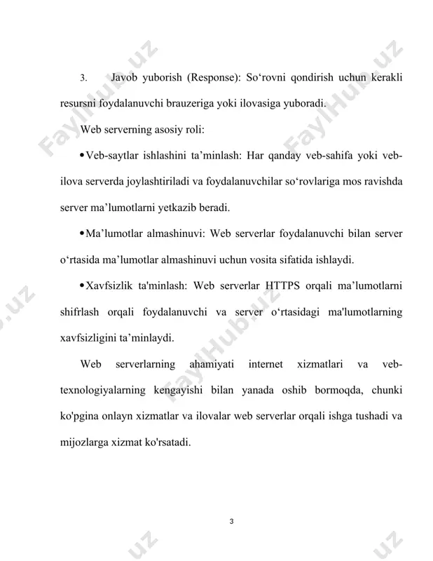 . sertifikatlar orqali ma'lumotlar shifrlanadi va xavfsiz ulanishlar ta'minlanadi. web serverlarning ishlash prinsiplari web serverlar mijoz-server arxitekturasi asosida ishlaydi. web serverning asosiy vazifasi – foydalanuvchidan kelgan http/https so'rovlarini qabul qilish, so‘ngra bu so‘rovlarni qayta ishlash va javobni qaytarish. web serverning ishlash jarayonini quyidagicha tasvirlash mumkin: so‘rov yuborish (client request): foydalanuvchi brauzer orqali ma'lum bir domen manziliga murojaat qiladi. bu murojaat odatda http/https so'rovi shaklida bo'ladi. so‘rovni qayta ishlash (server processing): so‘rov web serverga yetib kelgandan so‘ng, server bir necha bosqichlardan o‘tadi: · ip manzilga asoslangan yo‘naltirish. · domenni va url-ni tekshirish. · tegishli fayl yoki resursni topish va ma'lumotlarni qayta ishlash (dinamik veb-sahifalar uchun server tomonida skriptlarni ishlatish). javob yuborish (response): qayta ishlangan ma'lumotlar html, css, javascript yoki boshqa resurslar shaklida mijozga yuboriladi. bu sahifa foydalanuvchi brauzerida ko‘rinadi. session boshqaruvi: agar foydalanuvchi veb-sayt bilan doimiy aloqa o‘rnatgan bo‘lsa (masalan, kiringan holda qolsa), sessiyalar yordamida ma'lumotlar saqlanadi. mijoz-server jarayoni: mijoz so‘rovi: …