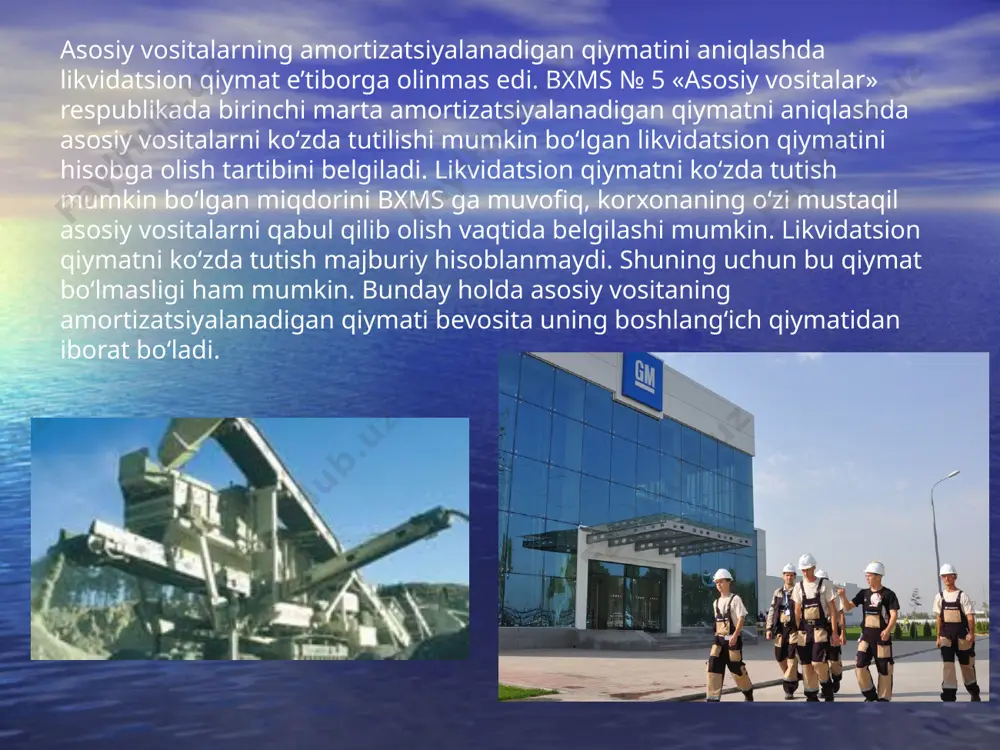 blash bazasiga qayta qo‘shiladi. 4- va 5- yillardan me’yordan mos ravishda 45000 so‘m (135000-180000) va 90000 so‘m (90000-180000) amortizatsiya (eskirish) kam hisoblangan. ushbu summalar mos ravishda 4- va 5- yillarda soliq solish bazasidan kamaytirilishi maqsadga muvofiq yoki kelgusi yillarda avtomobildan qo‘shimcha ishlatishda soliq solish bazasiga 2- va 3- yillarda qayta kiritilgan 135000 so‘m (90000q45000) miqdorida amortizatsiya (eskirish) summasi soliqga tortilmasligi kerak. yuqoridagi hol mavjud bo‘lganda soliqga tortilmaydigan amortizatsiya (eskirish) summasi miqdori asoslangan holda hisob siyosatida aks ettirilgan bo‘lishi kerak. kamayib boruvchi qiymatdan hisoblash usuli. ushbu usul ham tezlashtirilgan usul hisoblanadi. uning mohiyati shundaki, birinchidan amortizatsiya (eskirish) belgilangan me’yordan ikki karra miqdorda hisoblanadi, ikkinchidan, amortizatsiya (eskirish) bazasi bo‘lib har yilda qoldiq qiymat hisoblanadi. bizning misolimizda yillik amortizatsiya (eskirish) me’yori 20%, ishlatiladigan me’yor – 40% (20% x 2). ushbu usulda hisoblangan va jamlangan amortizatsiya (eskirish), shuningdek qoldiq qiymat xizmat yillari bo‘yicha qo‘yidagicha bo‘ladi: asosiy vositalar bo‘yicha amortizatsiya (eskirish)ni hisoblashga doir operatsiyalar schetlar …