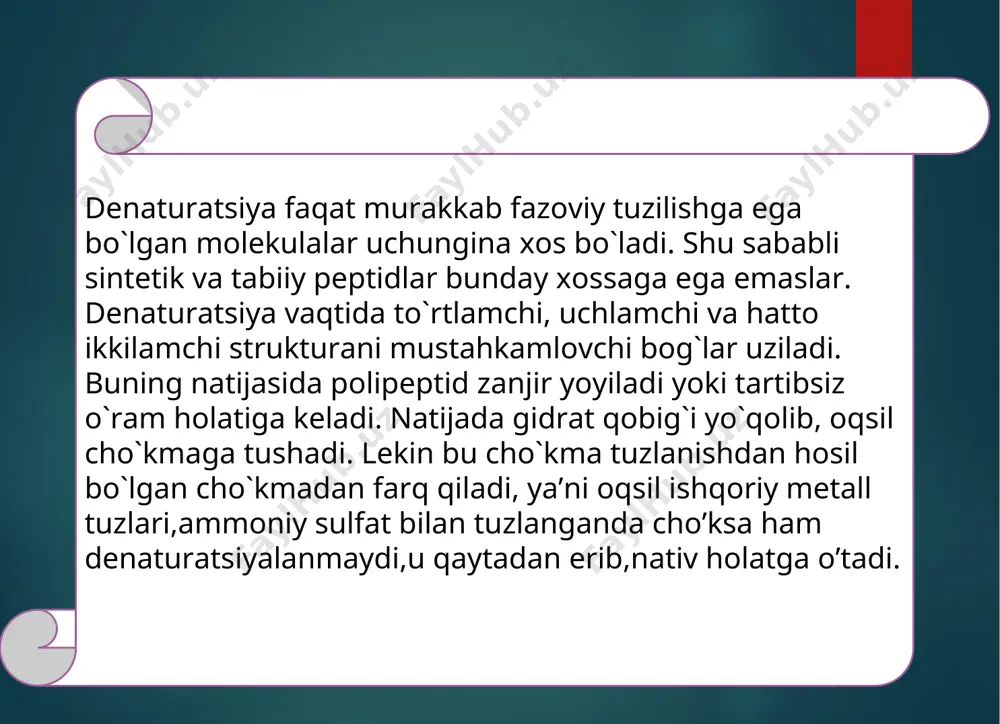 arning oqsillari qizdirishga alohida chidamliligi bilan farq qiladi. bunday oqsillar qizdirilganda harorat oqsi molekulasining ichki qismidagi bog`larni uzish uchun yyetarli bo`lmaydi. oqsillar izoelektrik nuqtasida juda tez issiqlik denaturatsiyasiga uchraydi. oqsillarning unday xossasidan amaliyotda foydalaniladi. ayrim oqsillar esa aksincha, past haroratda denaturatsiyalanadi. denaturatsiyaga olib keluvchi kimyoviy omillarga kislota va ishqorlar, organik erituvchilar (spirt, atseton), detergentlar (yuvish vositalari), ayrim amidlar (siydikchil, guanidin tuzi), alkoloidlar, og`ir metallar (mis, qo`rg`oshin, bariy, ruo’, kadmiyning tuzlari) kiradi. kimyoviy moddalarning denaturlovchi ta’sir mexanizmi ularning fizik-kimyoviy xossalariga bog`liq. kislota va ishqorlar oqsilni cho`ktiruvchi moddalar sifatida keng qo`llaniladi. ko’pchilik oqsillar muhit rnk ning qiymati 2 dan past va 10-11 dan yuqori bo`lganda denaturlanadi. ammo ayrim oqsillar, masalan giston va protaminlar o’attoki rnk=2 yoki rnk=10 bo`lganda ham denaturlanmaydi. og`ir metallar, alkoloidlar ham cho`ktiruvchi sifatida ishlatiladi, chunki ular oqsillarning qutbli guruhlari bilan mustahkam bog`lar hosil qilib, vodorod va ion bog`larini uzadi. siydikchilning denaturatsiyalash ta’siri ,uning oqsil molekulasidagi vodorod bog’larini uzishiga va …