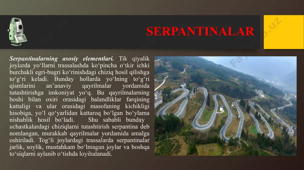 akdan topiladi, tg=of/nf . of= r, nf= lt ekanligini hisobga olib, bu erda t-yordamchi qayrilma tangensi uzunligi. t= r tg /2, u holda tg = r/( lt) = r/( l r tg /2). ifoda tg /2 ma’lum bo‘lgani sababli quyidagi kvadrat tenglamani (2r  r) tg2 /2  2 l tg /2 - r=0 yechish orqali aniqlanadi. bundan: onf uchburchakdan on masofa quyidagicha hisoblanadi: on=d1=r/sin tekshirib ko‘rish uchun d quyidagicha qayta hisoblanadi: d=(l+t)/cos serpantina markazidagi burchak γ=900- asosiy qayrilmaning markaziy burchagi 0 = 3600 - 2γ -  asosiy qayrilma uzunligi k=(r00):1800 ifodalar yordamida hisoblanadi. serpantinani joyda rejalashda burilish burchagi uchi o ga teodolit o‘rnatiladi va oa, ov stvorlar bo‘ylab d masofa qo‘yiladi. natijada joyda yordamchi qayrilmalar uchlari m va n nuqtalar hosil qilinadi. bu yo‘nalishlar bo‘ylab tangens qiymati t o‘lchab qo‘yilsa, serpantinaning boshlang‘ich a va v nuqtalari topiladi. keyin oa tomonga nisbatan γ burchak o‘lchanadi. topilgan oe yo‘nalish bo‘ylab …